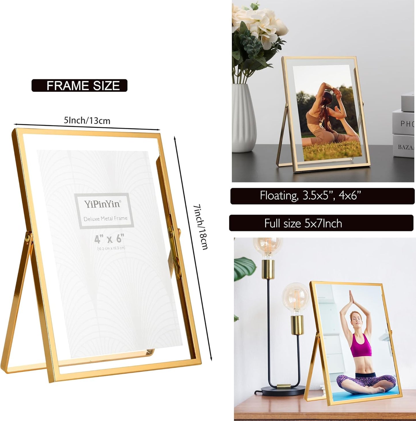 Gold 5x7'' Floating Frame Set of 2, For Photo Sizes 3.5x5'', 4x6'', 5x7'', Luxury Modern Gold Metal Frames for Tabletop/Shelf, Wedding, Birthday, Home or Office Decoration