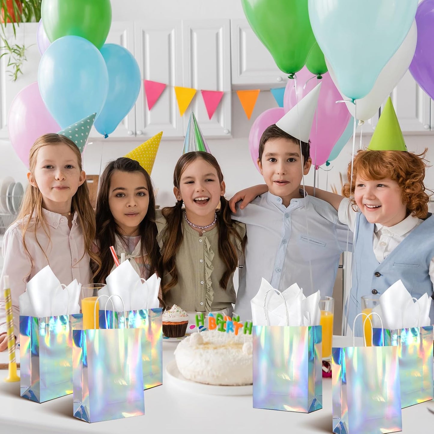 24 Pcs Iridescent Gift Bags Decorations, Holographic Foil Party Favor Bags with Handles, Glitter Paper Candy Goodie Bag with 24 Tissue Paper for Graduation Birthday Baby Shower Party Supplies