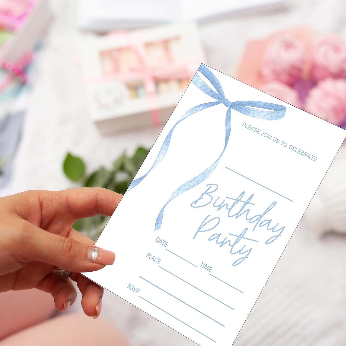SIXEIGHT Blue Bow Birthday Invitations Blue Ribbon Bow Birthday Party Invitations 20 Party Invitations with Envelopes for Girls Boys Birthday Party Favor & Decoration (4"x6")-A07