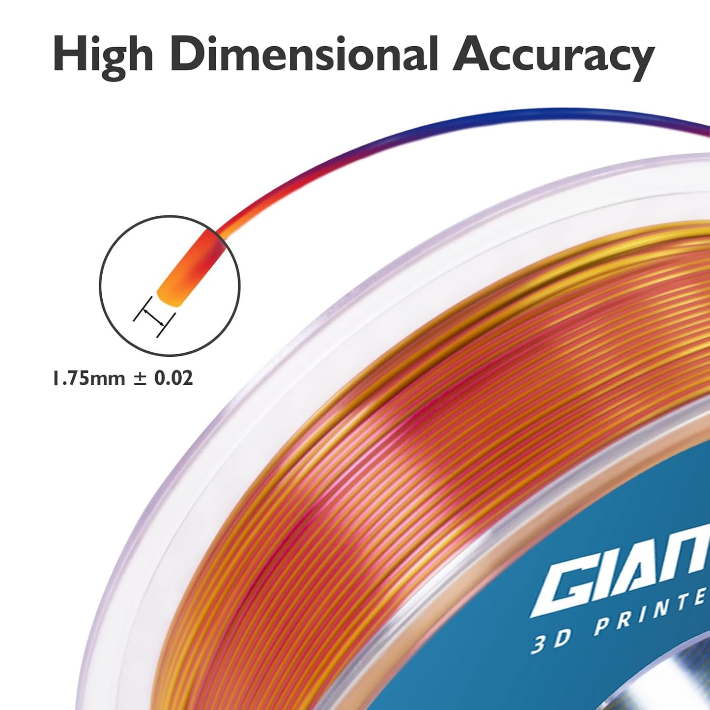 GIANTARM Tri-Colors Silk Pla Filament, 3D Printer Filament 1.75mm +/-0.02mm, 1Kg (2.2lbs) Spool, Vacuum Packaging (Red+Yellow+Blue)