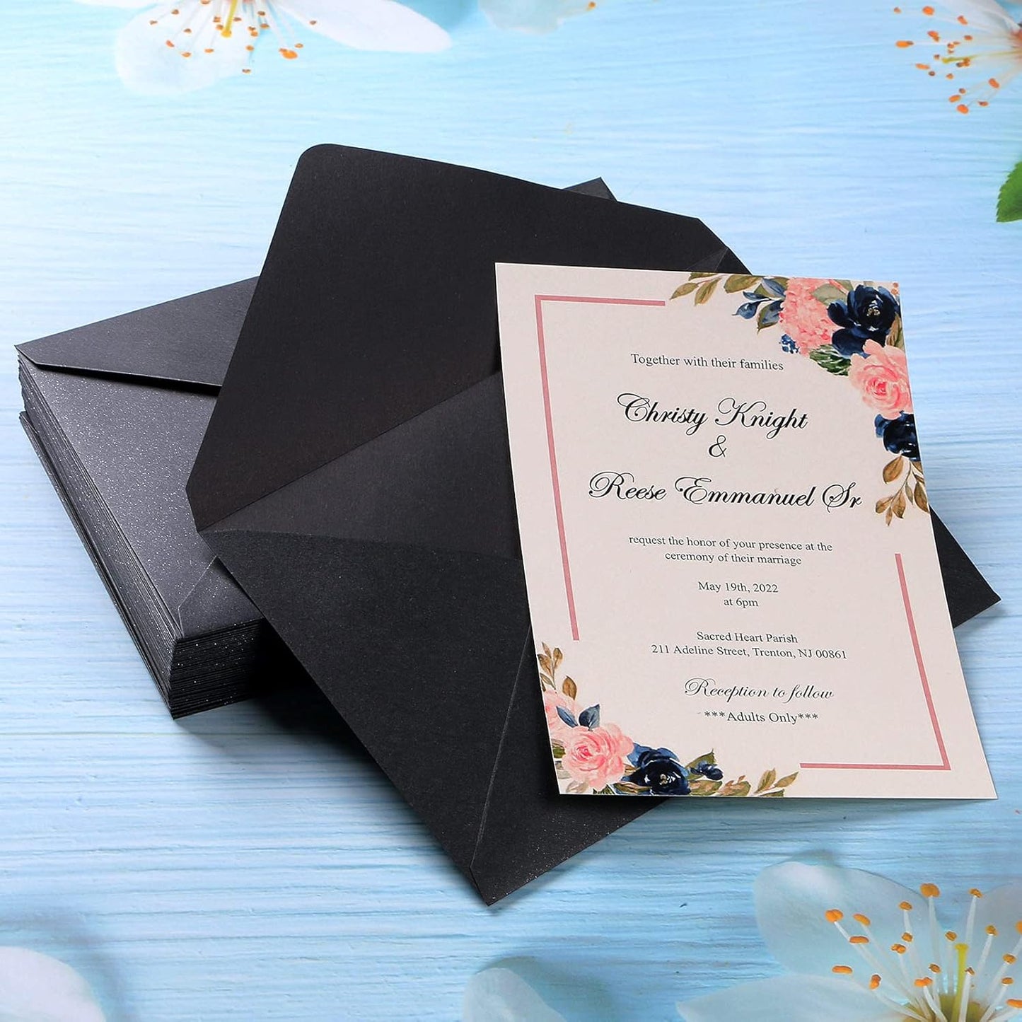 PONATIA 50 Pieces/Pack A7 Envelopes, 5.25 x 7.5'' Black Shiny Envelopes Perfect for 5x7'' Invitation Cards, Weddings Invitations, Photos, greeting Cards, Christmas Gift Cards
