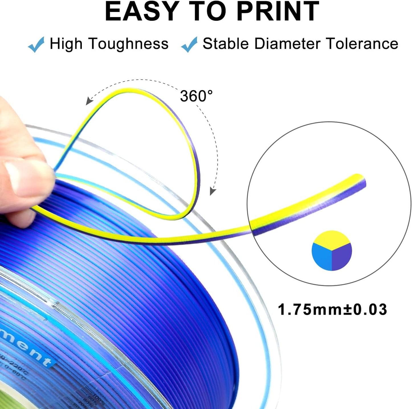 YOUSU 3D Printer Filament, Tri-Colors PLA Filament 1.75mm, Coextrusion Silk PLA Filament, Rainbow PLA Filament with Silk PLA Blue-Purple-Yellow, 3D Printing Filament +/-0.02mm, 1kg/2.2lbs