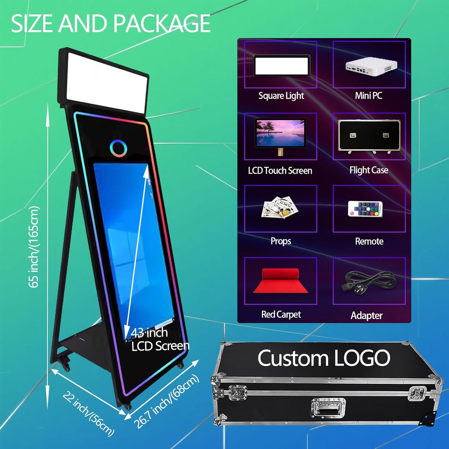 65''Magic Mirror Photo Booth Machine,Mirror Photo Booth 43''Touch Screen,Photo Booth with Flight Case,App Control,RGB Light for Wedding Party Events (Black, Machine+Camera+Mini Printer)