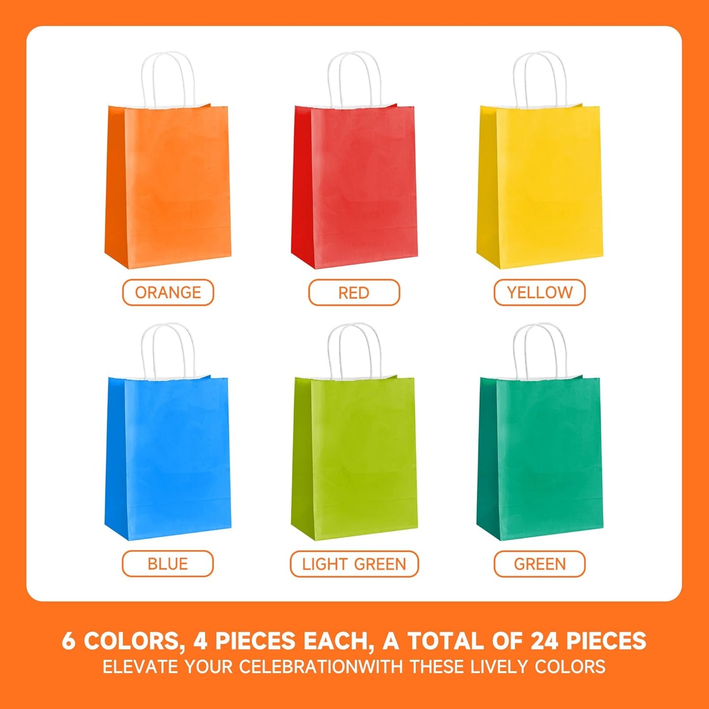 METAPRINT 24 Pcs Rainbow Paper Gift Bags with Handles in Bulk, 5.8x3.2x8.25 inch Small Kraft Paper Bags for Birthdays, Party Favors, Wedding (6 Colors)