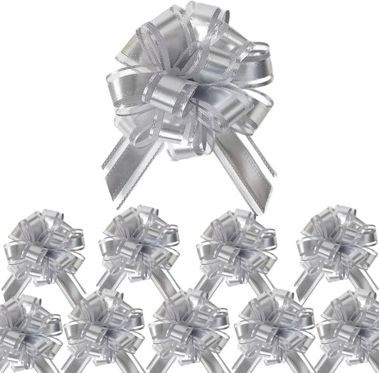 Small Pull Bows, 10 PCS 4 Inch Silver Gift Bows for Wrapping,Basket, Wedding,Birthday Party,Flower Bouquet Decoration