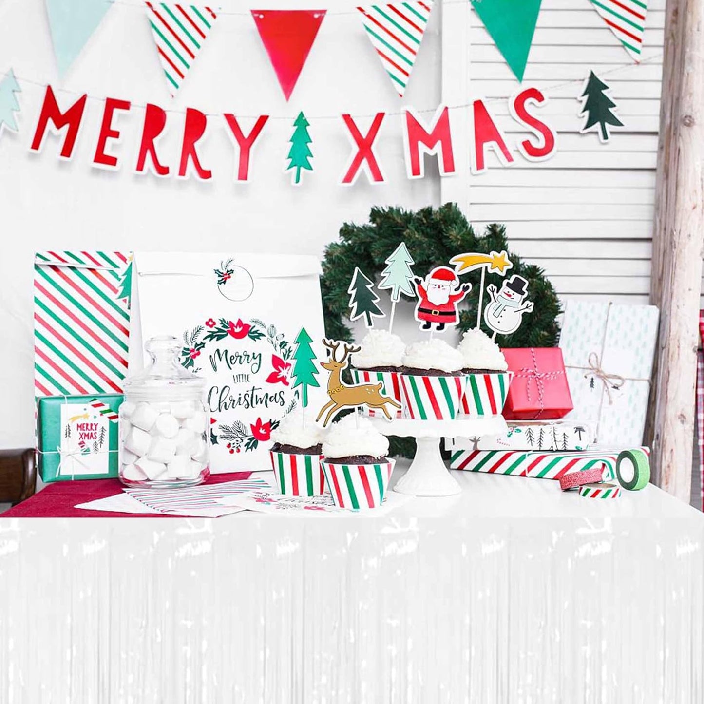 3 Pack 29 x108 Inch Macaron White Foil Fringe Table Skirts Metallic Banner for Tinsel Streamer Garland Backdrop for Parade Floats Mother's Day, Graduate, Birthday, Wedding Party Decoration