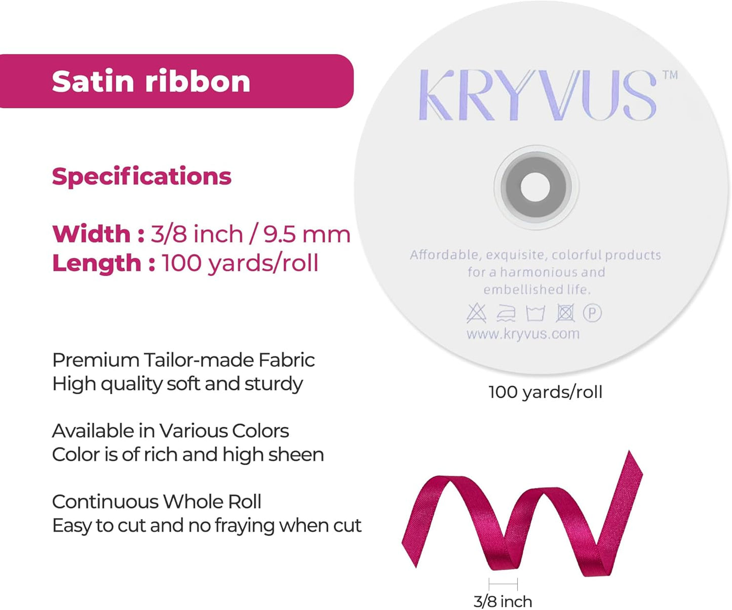 Rose Red Satin Ribbon 3/8 inch X Continuous 100 Yards, Single Face Polyester Ribbon Perfect for Gift Wrapping, Flower Bouquet, Wedding Decor, Crafts, Bow Making, Sewing and More