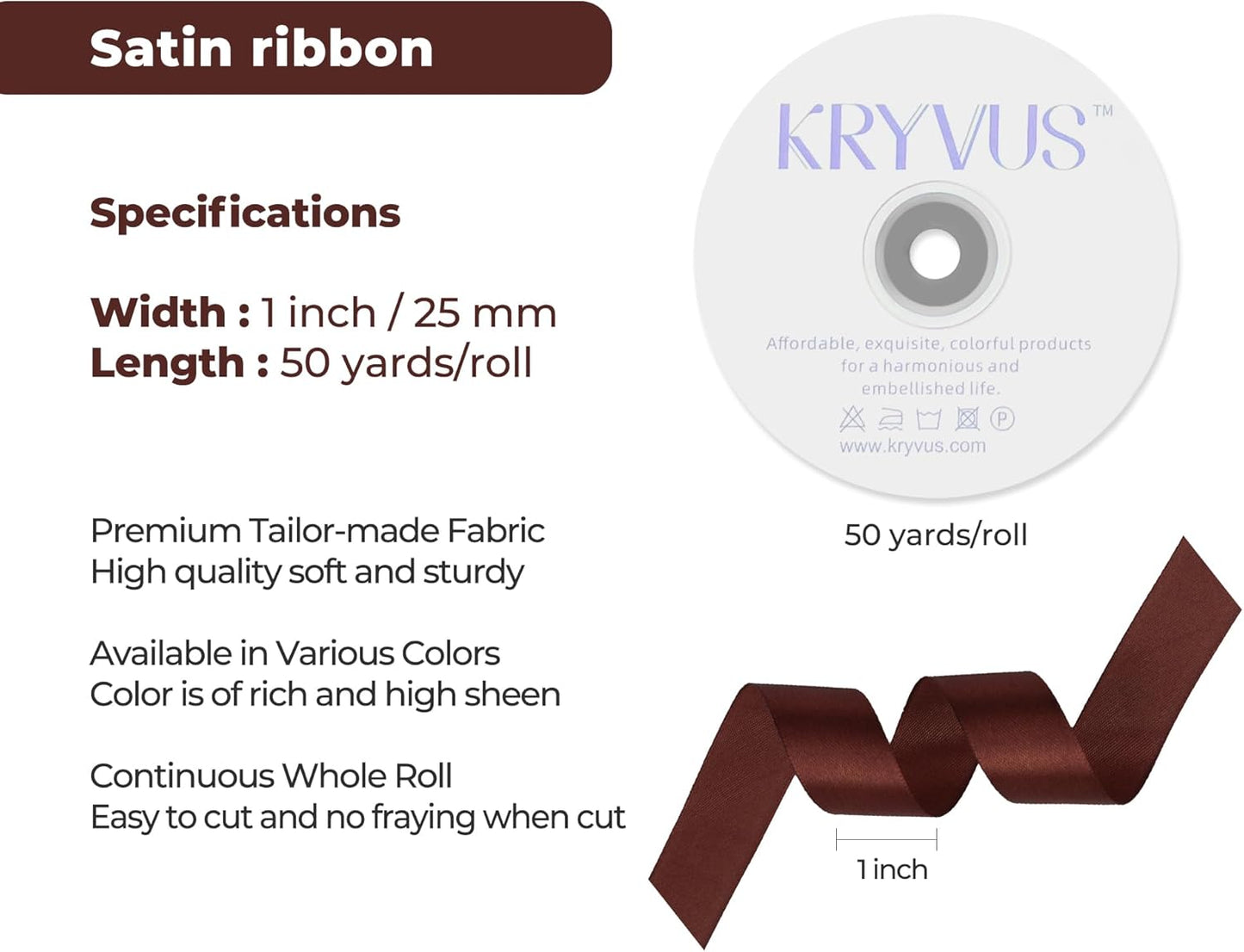 Coffee Brown Satin Ribbon 1 inch X Continuous 50 Yards, Single Face Polyester Ribbon Perfect for Gift Wrapping, Flower Bouquet, Wedding Decor, Crafts, Bow Making, Sewing and More