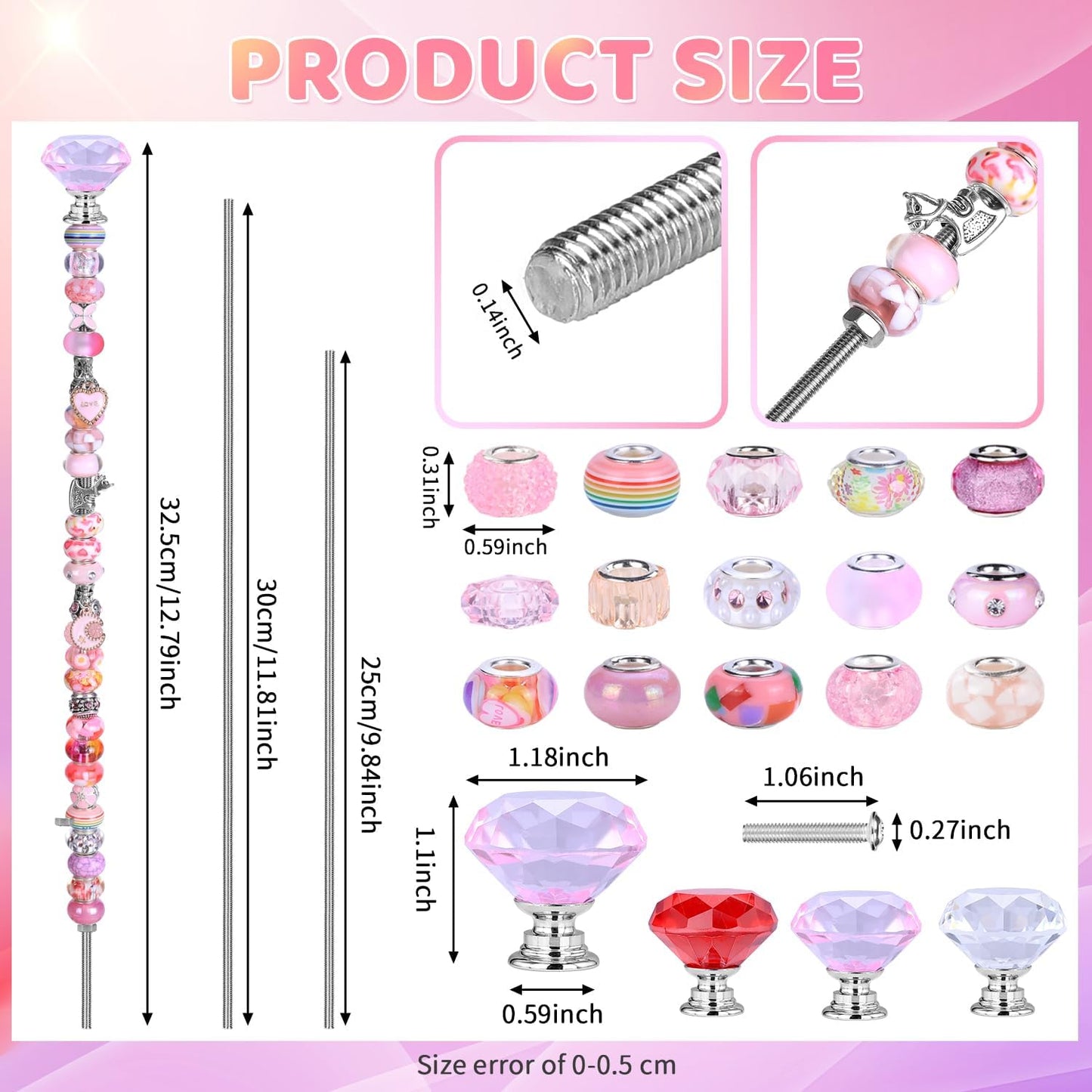 DIY Fairy Wand Garden Beads Stakes Wands Kit,Multiple Color Scheme European Beads Crystal Diamond Tops and 12 or 10 Inch Threaded Rods,Stainless Steel Stakes with Diamond Toppe(Pink+Rose+Red+White)