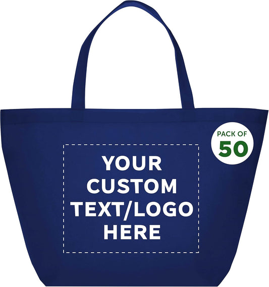 DISCOUNT PROMOS Custom Southern Style Grocery Tote Bags Set of 50 - Personalized Bulk Pack, Reusable Grocery & Shopping Bags - Great for Travel, Business Promotions - Navy Blue - 20"X13"X8"