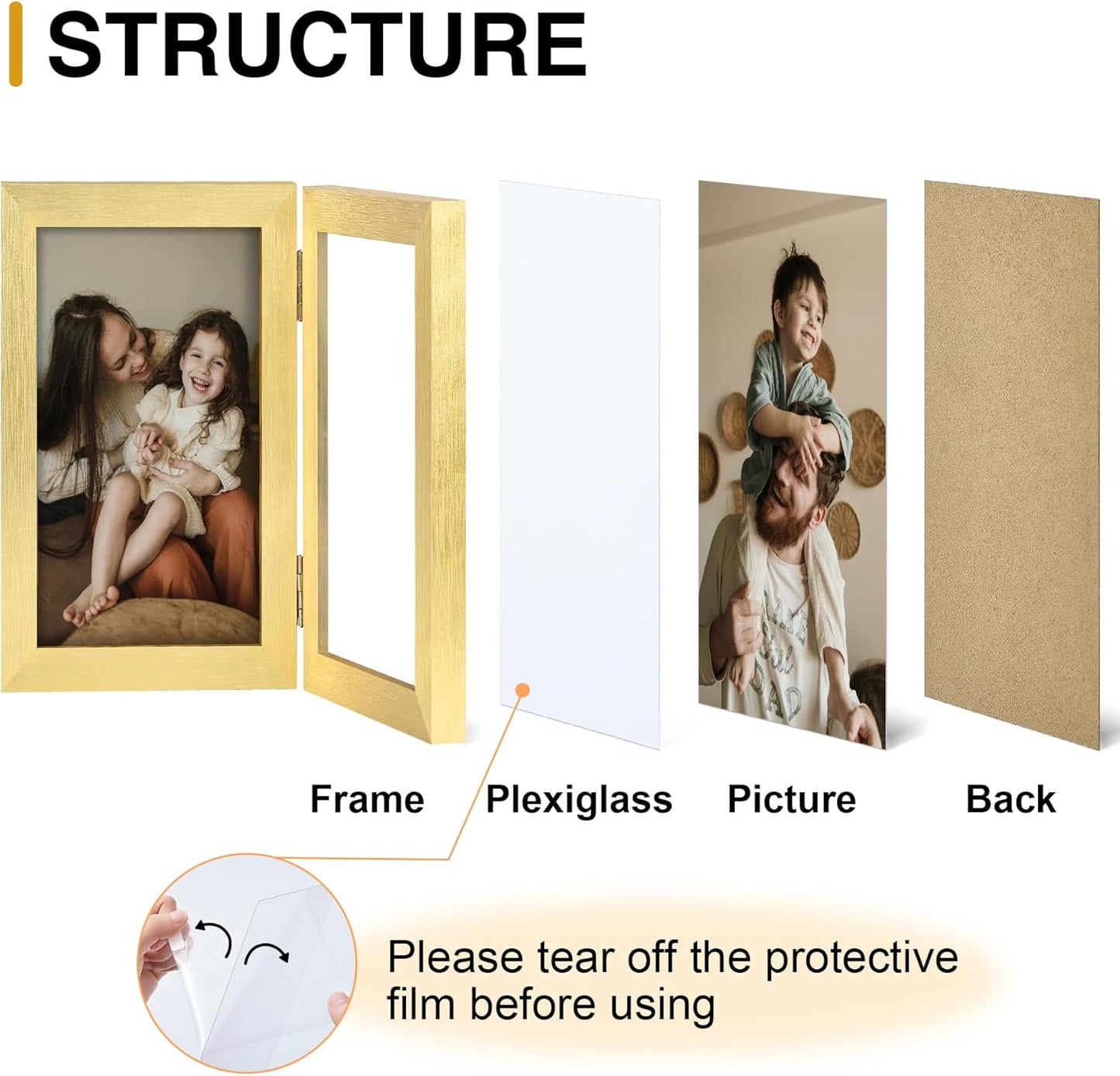 decorUhome Double 4x6 Picture Frame Vertical, Engineered Wood Bifold Photo Frame with Plexiglass for Tabletop Display, 4x6, Gold