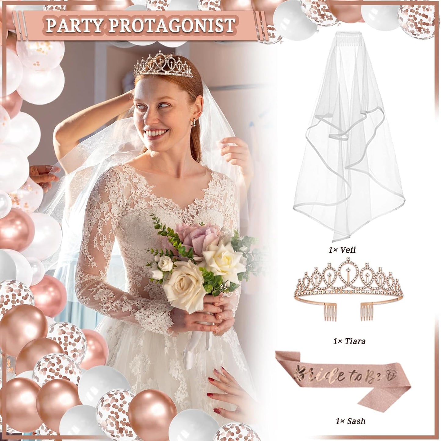 274 Pcs Rose Gold Bridal Shower Decorations, Bachelorette Party Decorations Favors - "BRIDE TO BE" Banner, Veil, Balloon, Photo Props, Tableware with Rose Gold for 25 Guests