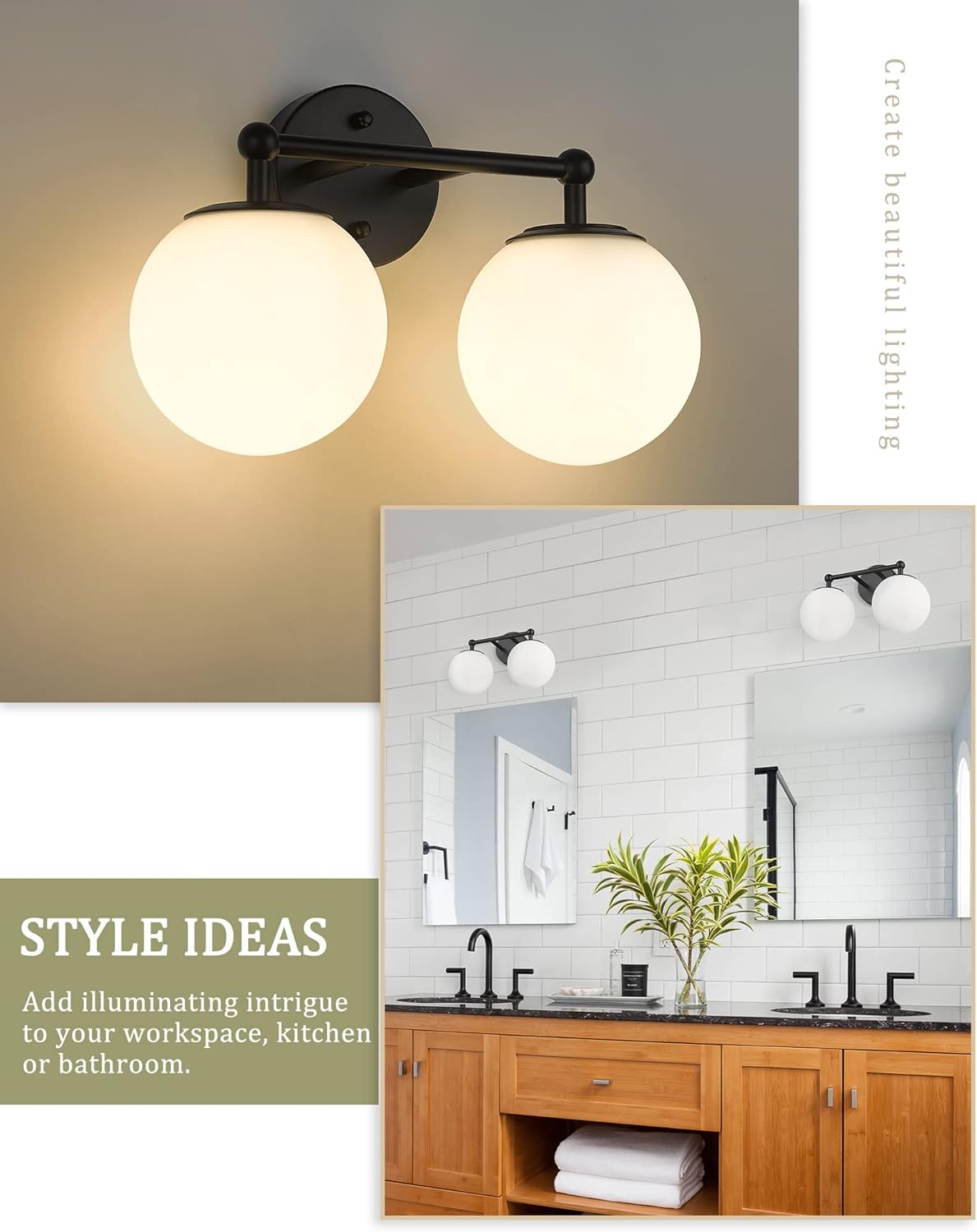 Black Vanity Light, 2 Light Black Modern Bathroom Light Fixtures Over Mirror with White Milk White Globe Glass Shade for Bathroom
