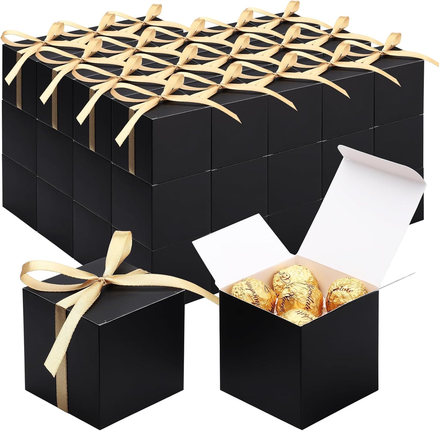 EUSOAR Favor Boxes, 60pcs 3x3x3 Inches Black Candy Gift Box Individual Cookie Box with Gold Ribbon, Mini Bakery Cookies Box Paper Chocolate Containers for Wedding Birthday Party DIY Favors Supplies