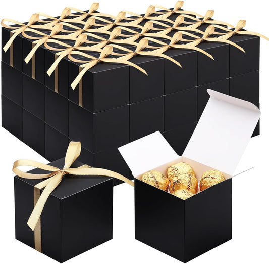 EUSOAR Favor Boxes, 60pcs 3x3x3 Inches Black Candy Gift Box Individual Cookie Box with Gold Ribbon, Mini Bakery Cookies Box Paper Chocolate Containers for Wedding Birthday Party DIY Favors Supplies