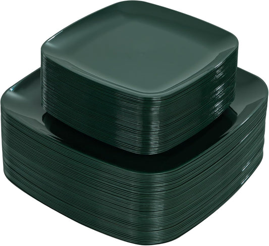 PULOTE 100PCS Green Plastic Plates - Green Square Disposable With Gold Rim - Include 50 Dinner 10inch, 50 Dessert 7.25inch Plates for Party&Christmas