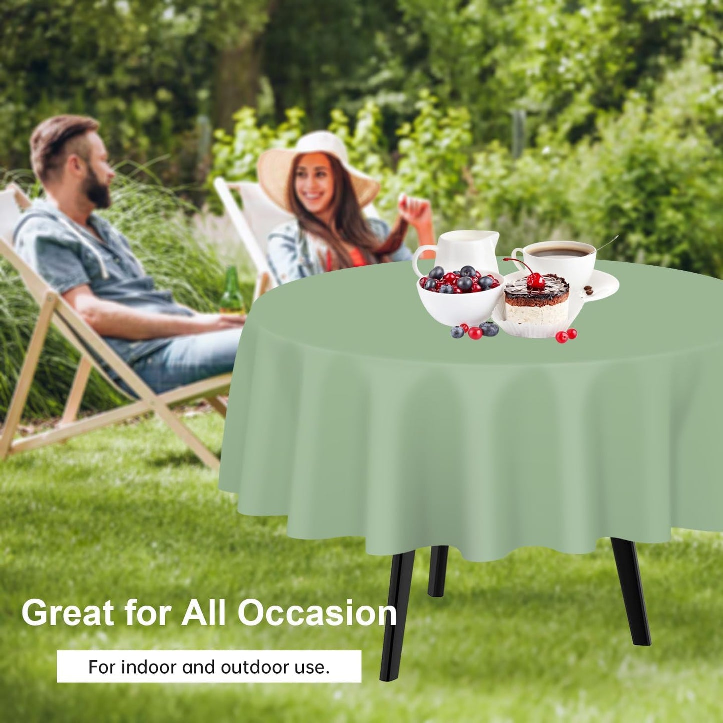 QIKSION Sage Green Round Tablecloth 2 Pack, 84 Inch Plastic Table Cover Disposable for Parties