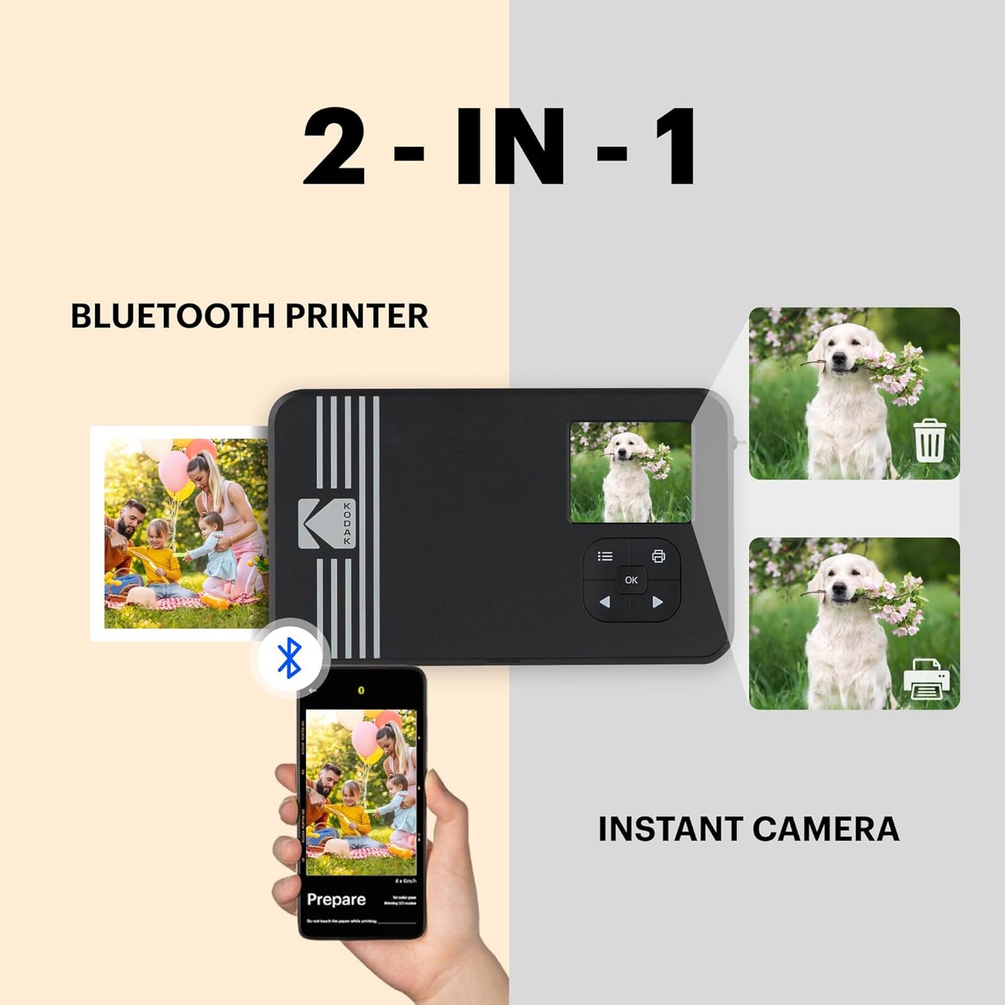 KODAK Mini Shot 2 Retro 4PASS 2-in-1 Instant Digital Camera and Photo Printer (2.1x3.4 inches) Initial 8 Sheets + 60 Sheets Bundle, White