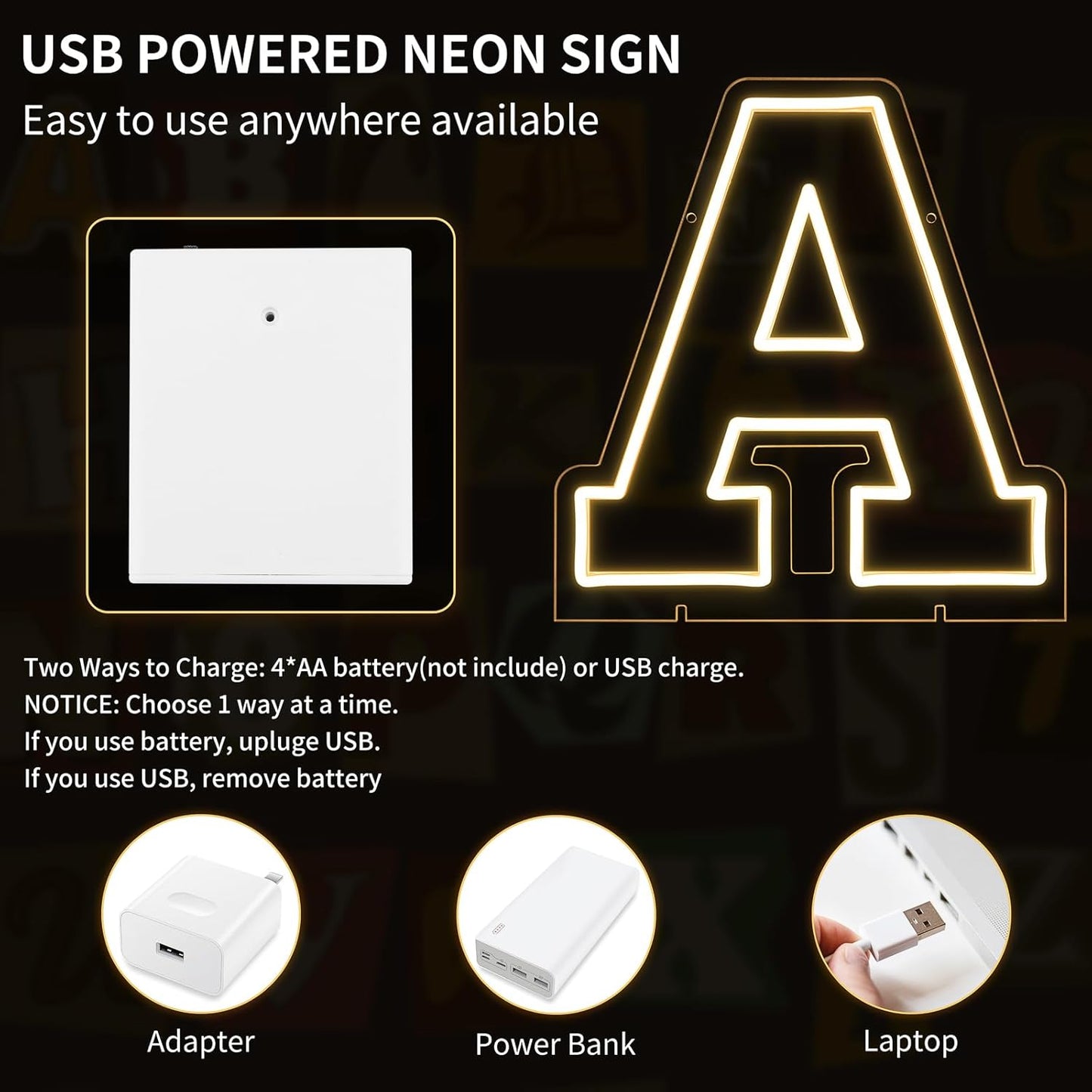 Light Up Letters A, Led Marquee Letter Lights Neon Sign, 13.9" Height Decorative Lighted Alphabet Number, Battery/USB Powered Led Letters Lights for Wedding, Birthday, Party, Christmas or Home Decor