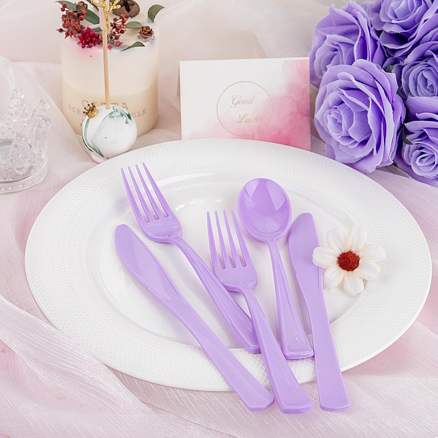 WDF 160 Piece Purple Plastic Silverware - Heavy Duty Purple Silverware Includes 80 Forks, 40 Spoons, 40 Knives, Lavender Plastic Utensils Perfect for Wedding, Party