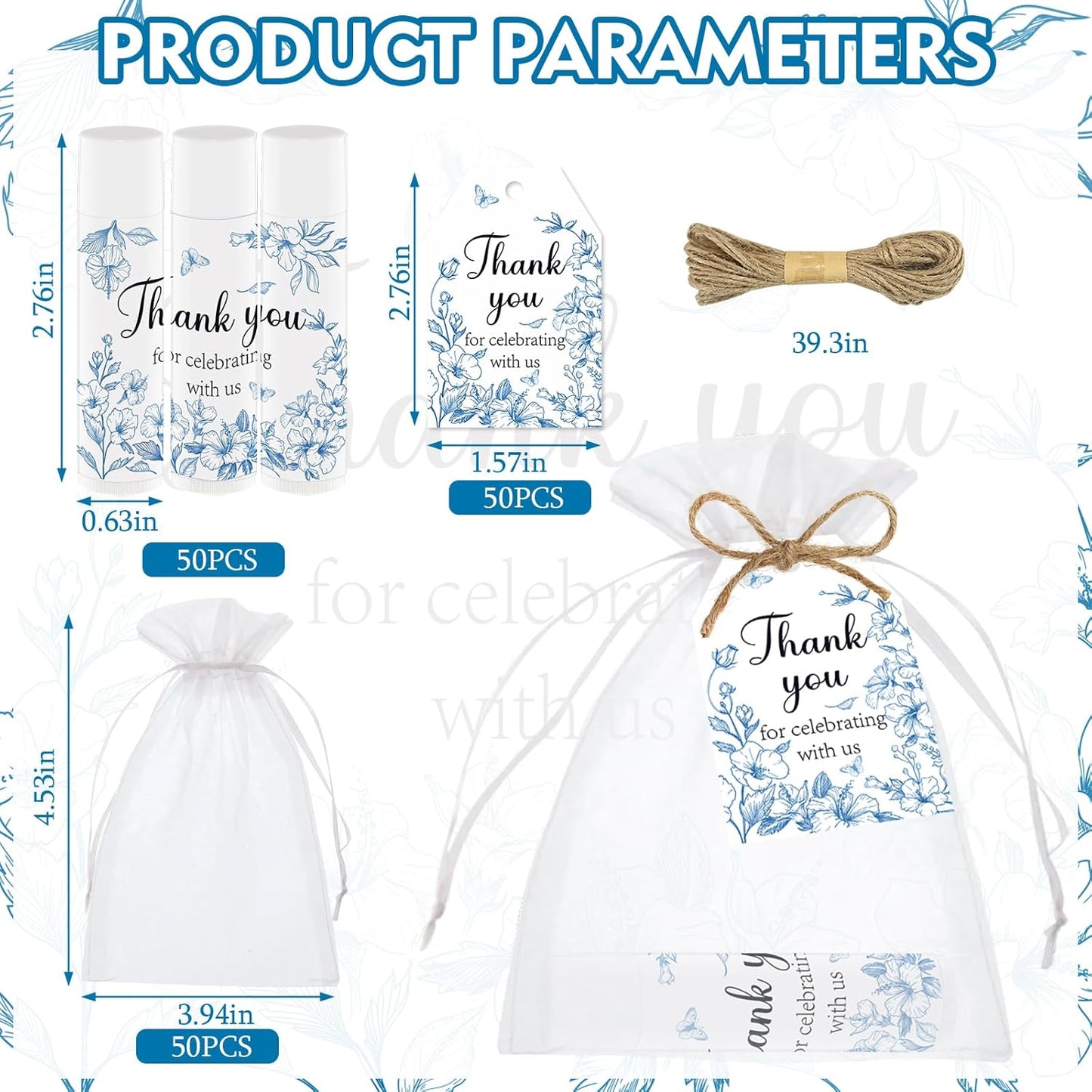 50 PCS Blue Flower Bridal Baby Shower Lip Balm Gift Baby Shower Favor Party Wedding and Engagement Party Bulk Lip Balm Thank You Gifts with Card Tags for Guests (blue flower)