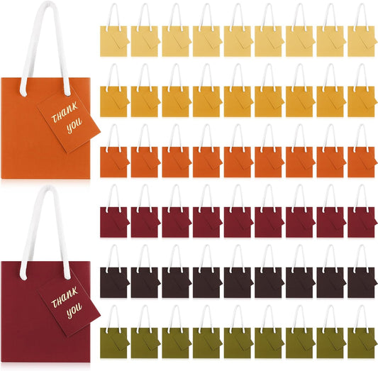 Sherr 100 Pcs Mini Gift Bags Bulk, 4 x 2.75 x 4.5 Inches Paper Bags with Tags, Extra Small Paper Gift Boxes with Handles for Birthday, Party Favors, Weddings, Small Business (Fall Color)