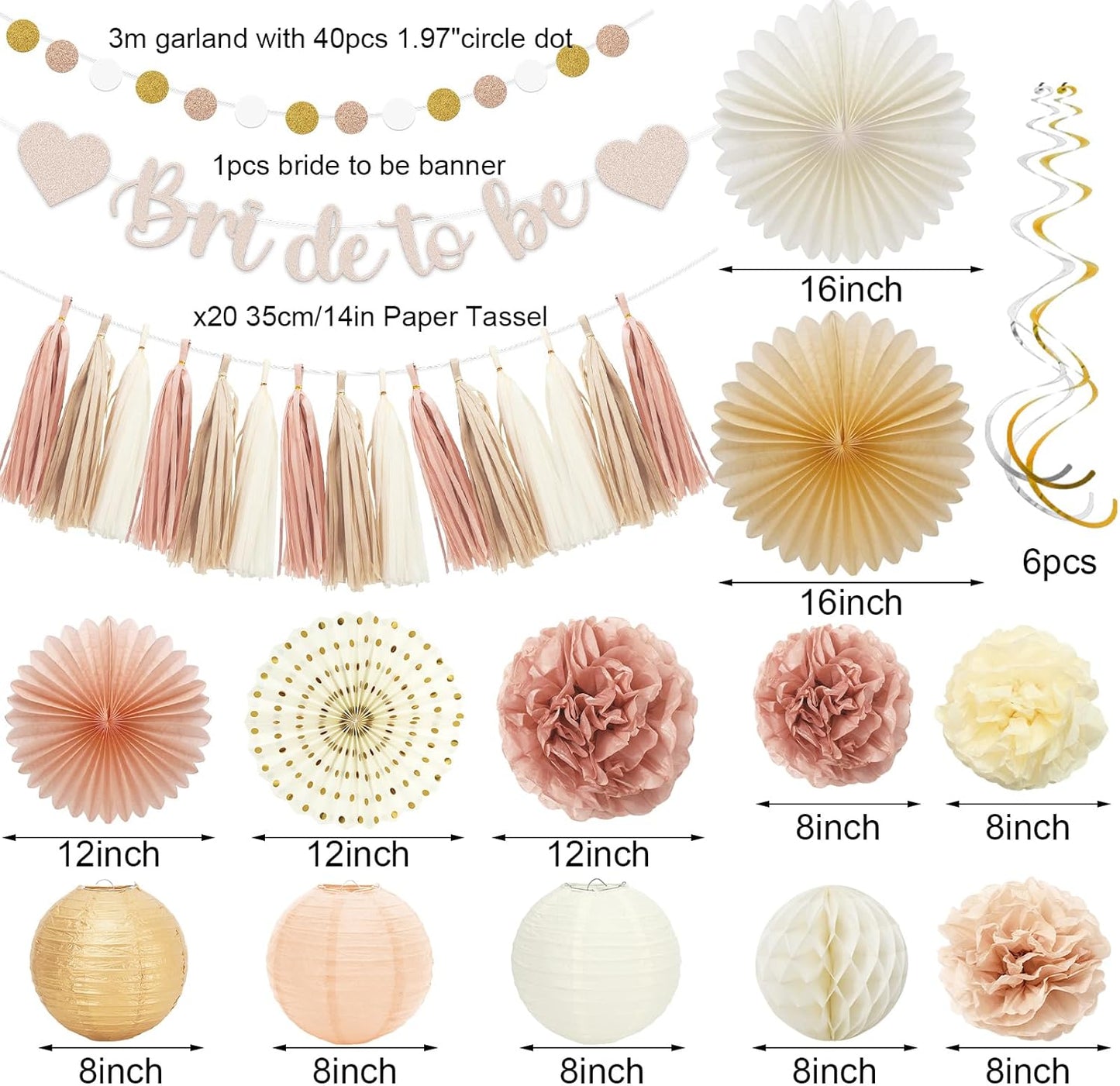 Whaline 22Pcs Boho Champagne Gold Pink Bachelorette Party Decoration Bride to Be Banner Hanging Lanterns Paper Fans Pom Poms Tassel Garlands for Wedding Bridal Shower Backdrop