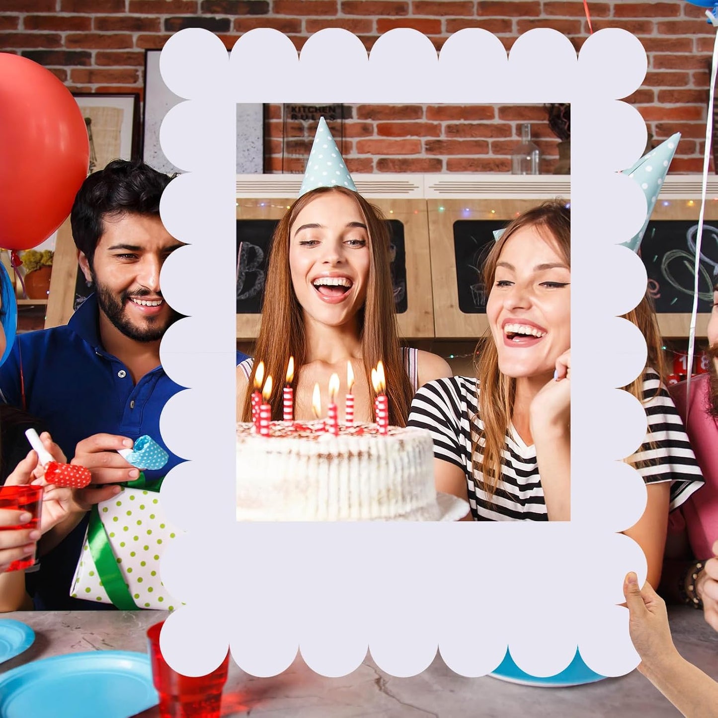 32 x 24 Inch Large Blank DIY Photo Booth Props Picture Frame Party Frame DIY Photo Booth Props Selfie for Birthday, Graduation, Christmas Holiday Party(White,Scalloped)