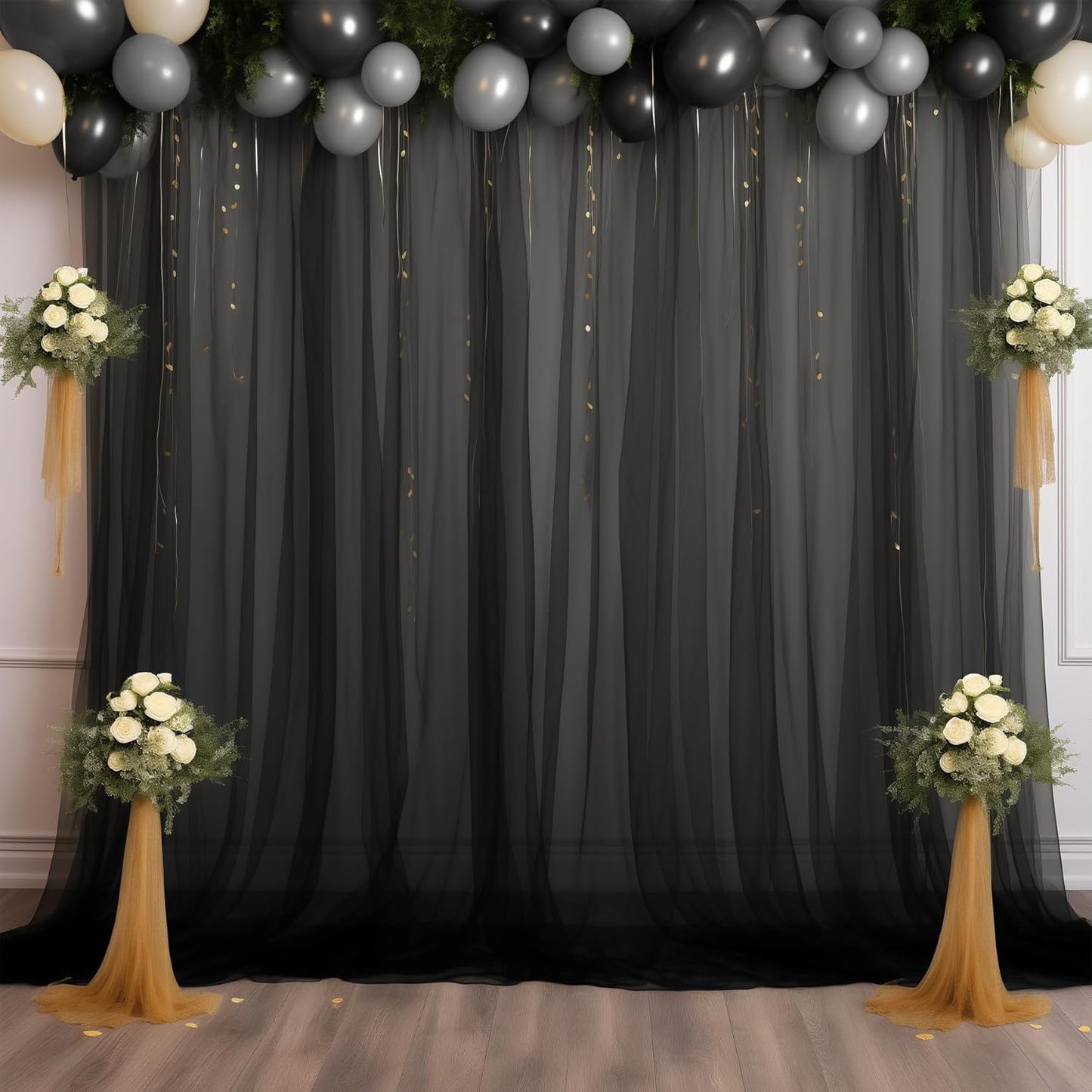 10x10ft Sheer Black Backdrop Curtains for Parties, Tulle Wedding Arch Draping Fabric Photo Background for Birthday Party Halloween Decorations