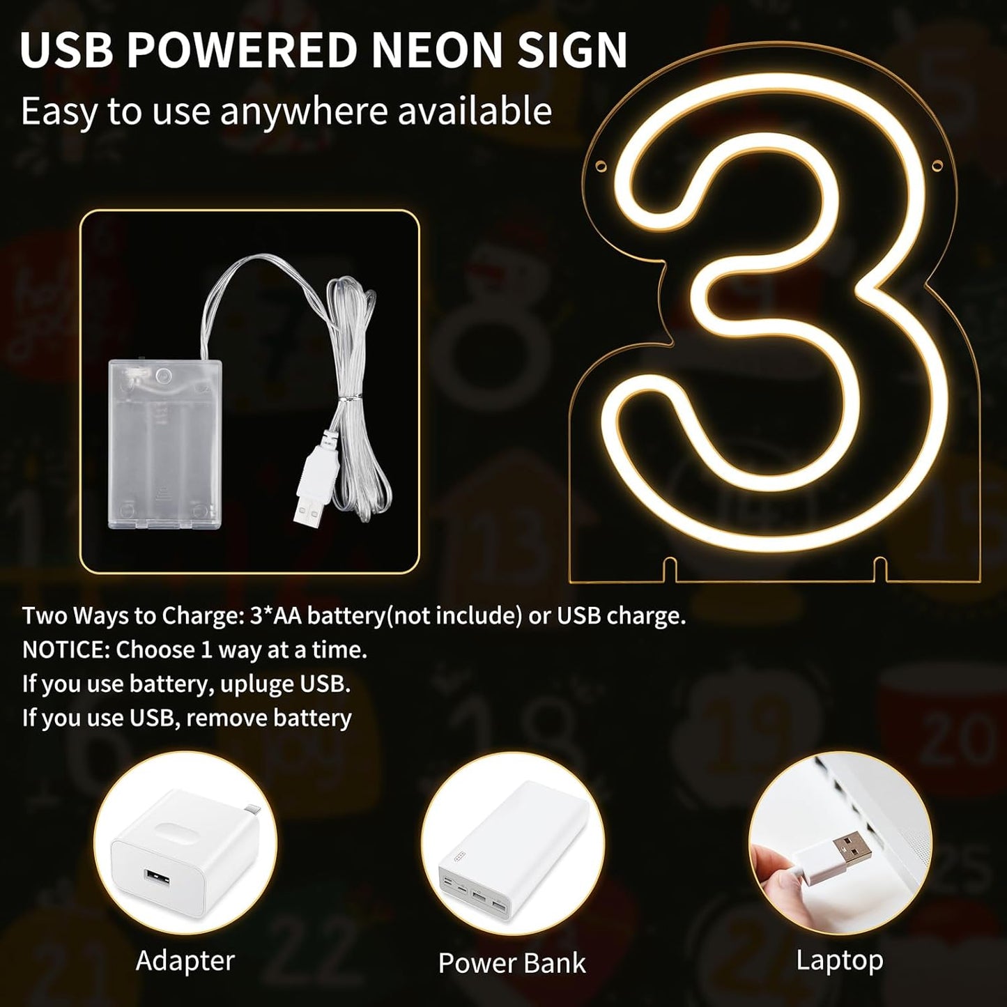 Number 3 LED Neon Sign Backdrop Birthday Party Decoration, 11.3" Height Warm White Marquee Numbers Three Light Up Sign for Wedding Anniversary Window Wall Table, Indoor Battery Operated or USB