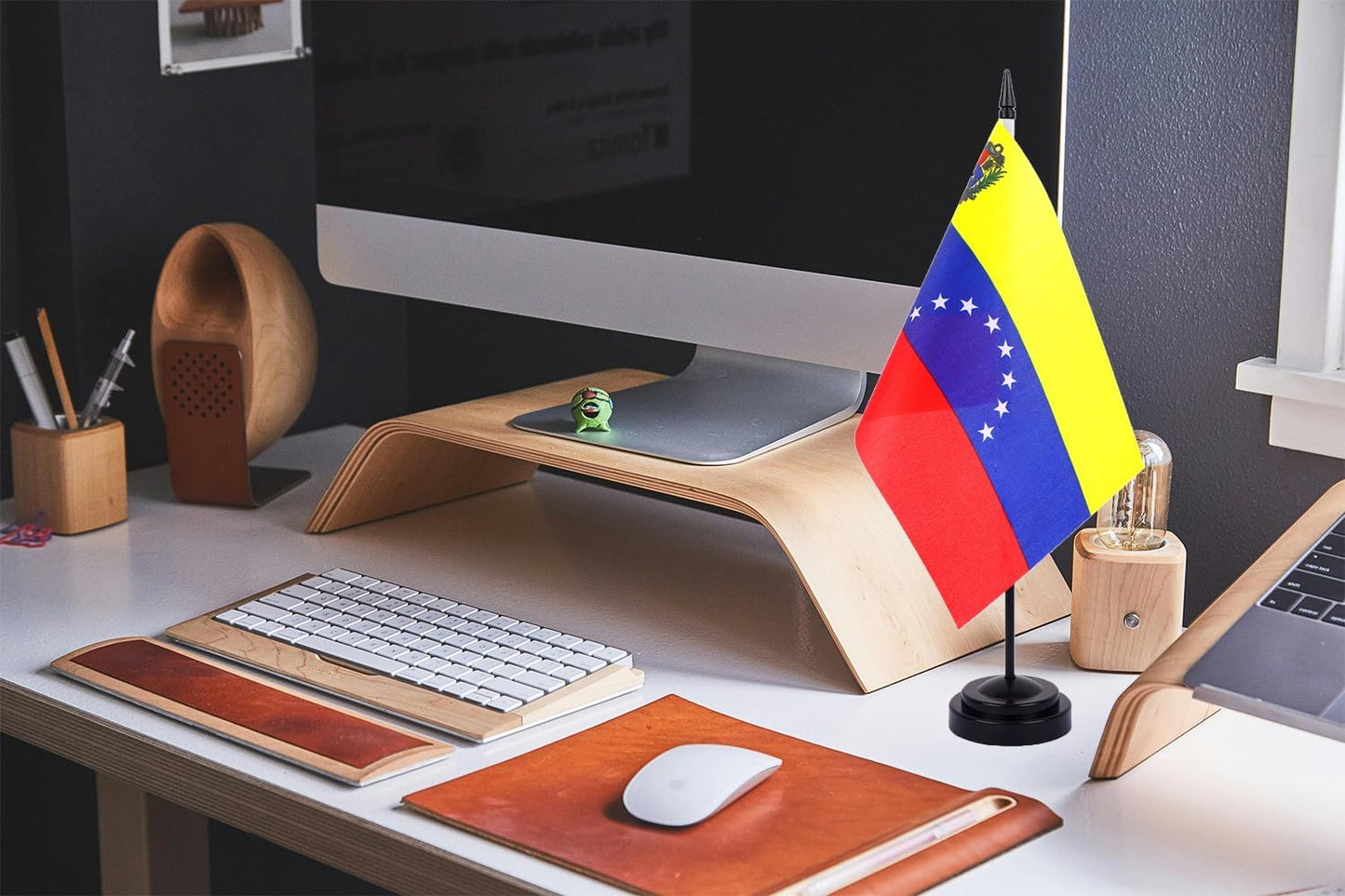 WXTWK 2 Pack Venezuela Flag Venezuela Deluxe Desk Flag Set - Mini Small Venezuelan Table Office Flags with Black 12" Solid Pole Stand Base Classroom Meeting Desktop Decorations