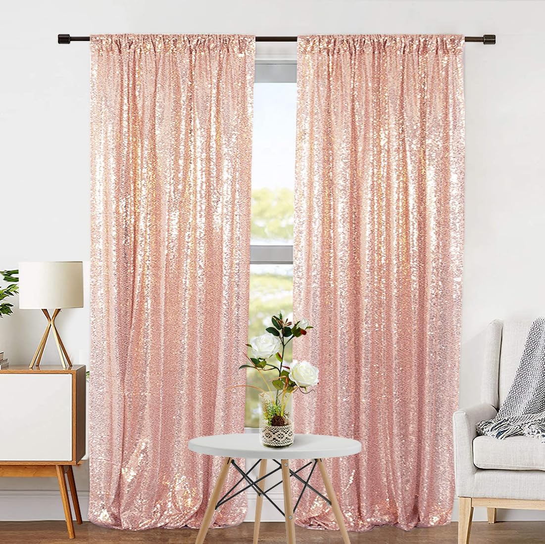 Sequin Backdrop Curtain Eternal Beauty Glitter Panel Background for Wedding Party Decor (2 Packs, W2 x H8FT,Rose Gold)