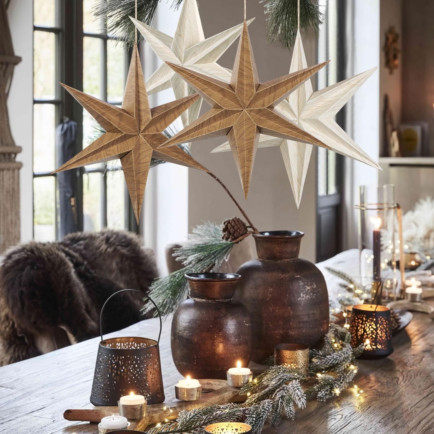 EASY JOY 5 Pcs Wood Grain Paper Star Lanterns 6-Pointed 12 Inch Christmas Hanging Lamp Rustic Paper Decorations Vintage Christmas Home Hanging Decoration for Xmas Tree Wedding Birthday Party Decor