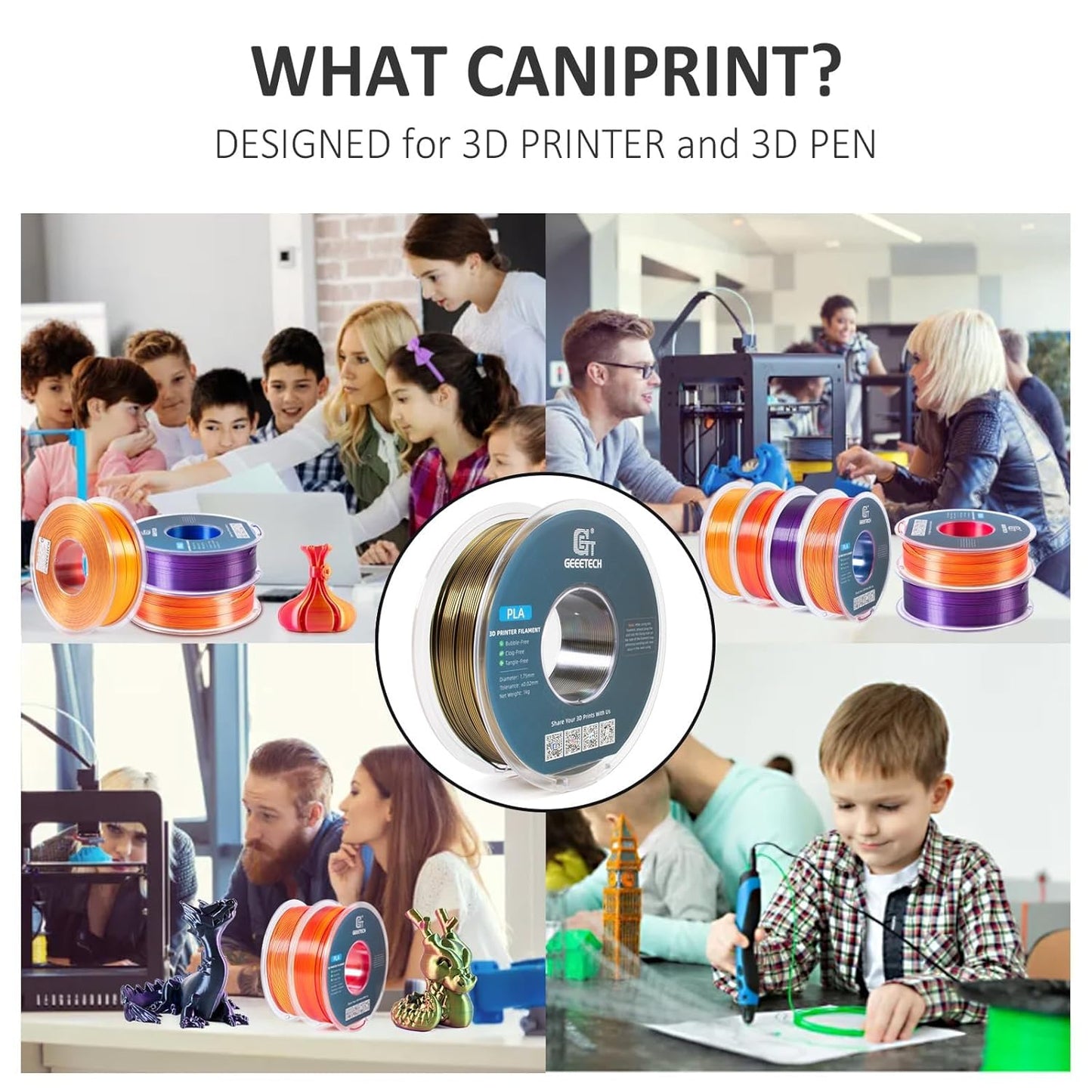 Geeetech Silk PLA Filament 1.75mm Silk Dual Color Filament, Coextrusion Dichromatic Metal-Like Shiny Consumable 1kg (2.2lbs) 1 Spool, Dimensional Accuracy +/- 0.02 mm, Gold Black