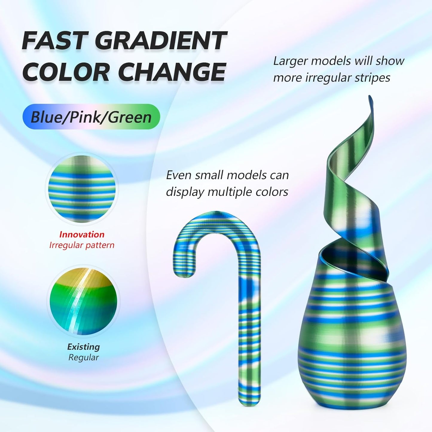 AMOLEN Silk PLA 3D Printer Filament, Shiny Multicolor Rainbow PLA Filament 1.75mm, Fast Color Change PLA 3D Printing Filament for Most FDM 3D Printer, Blue Pink Green, 1kg (2.2lbs)