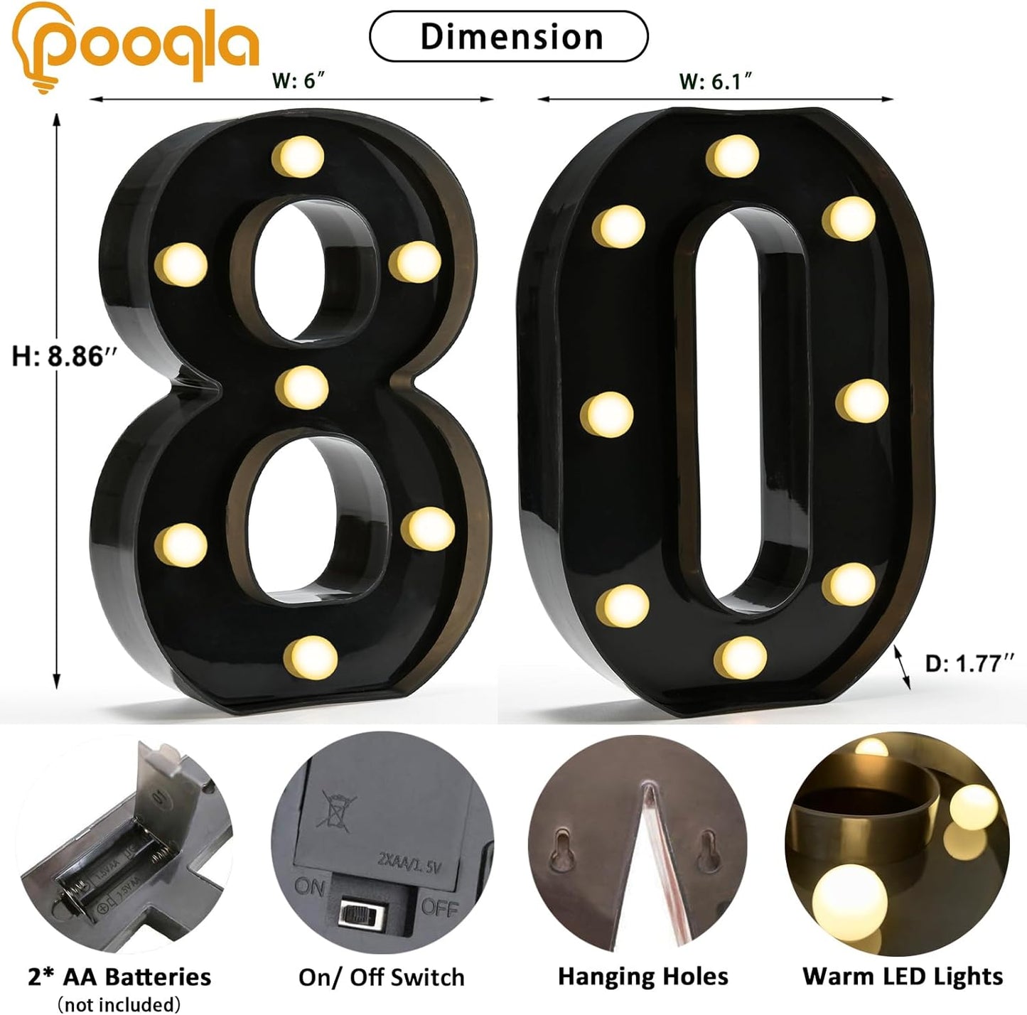 Pooqla Decorative Led Light Up Number Letters, Black Plastic Marquee Number Lights Sign for 80th Birthday Party Wedding Decor Battery Operated Black Decoration 80
