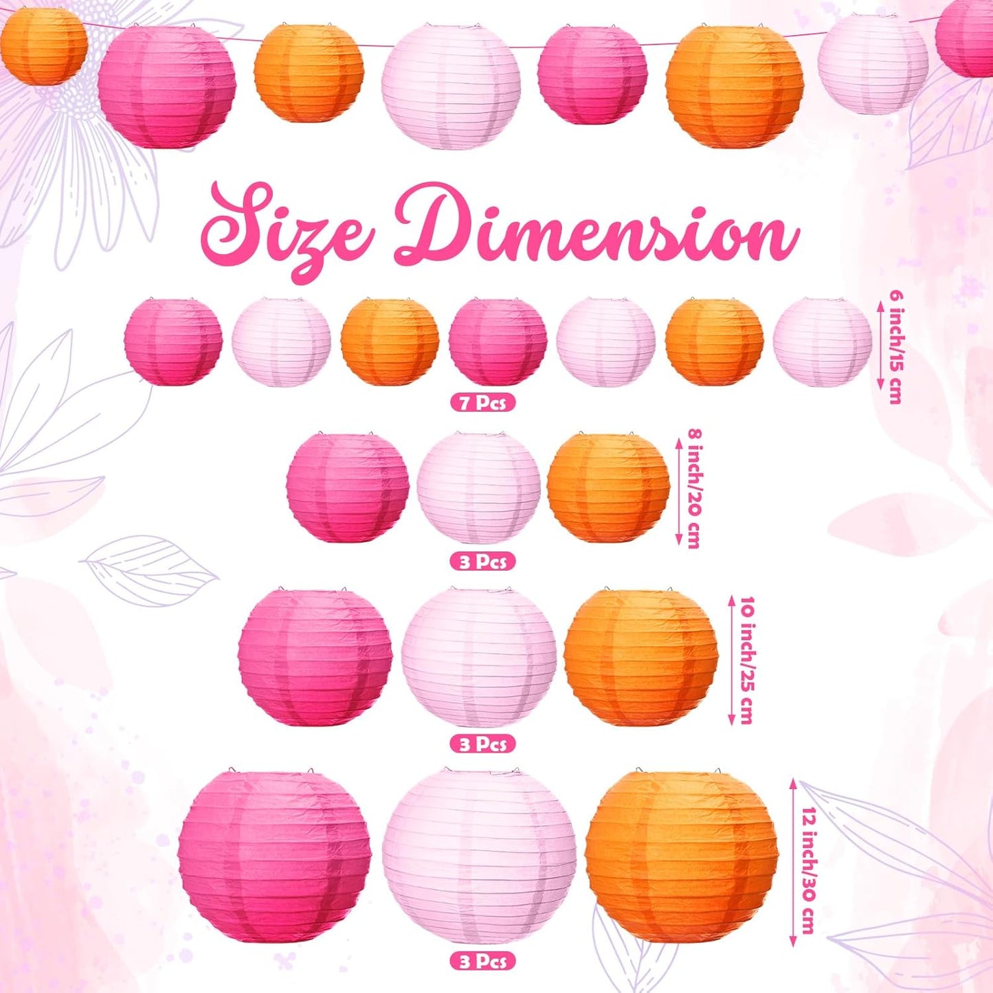 Riakrum 16 Pcs Pink and Orange Paper Lanterns Birthday Party Decorations Mixed Size 6'' 8'' 10'' 12'' Colorful Chinese Hanging Paper Lanterns for Wedding Home Decorations Supplies