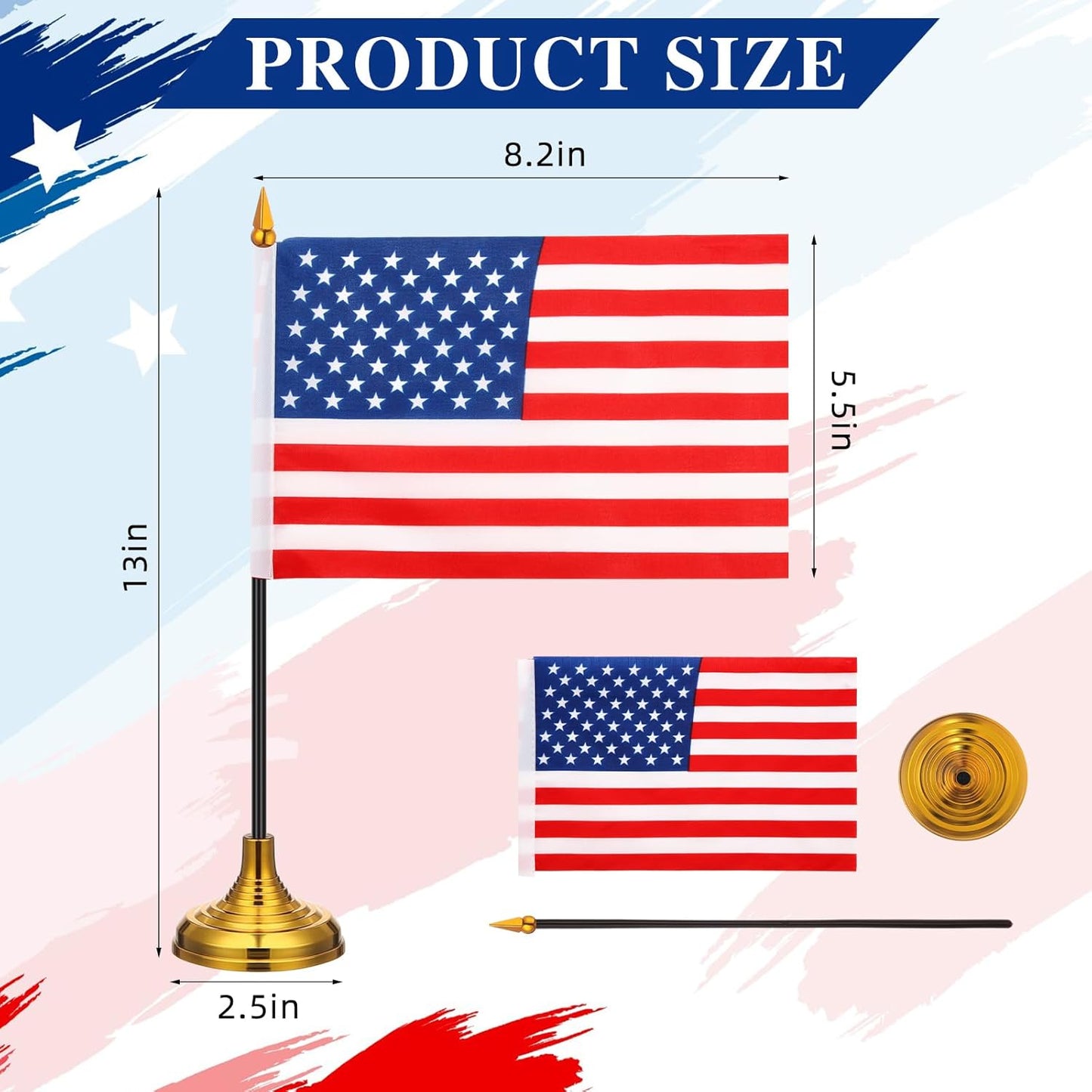 24 Pcs American Desk Flag Set Small USA Flags for Table with 13" Black Pole, Gold Base and Spear Top, American Flag for Home Office Party Festival Celebrations Decor