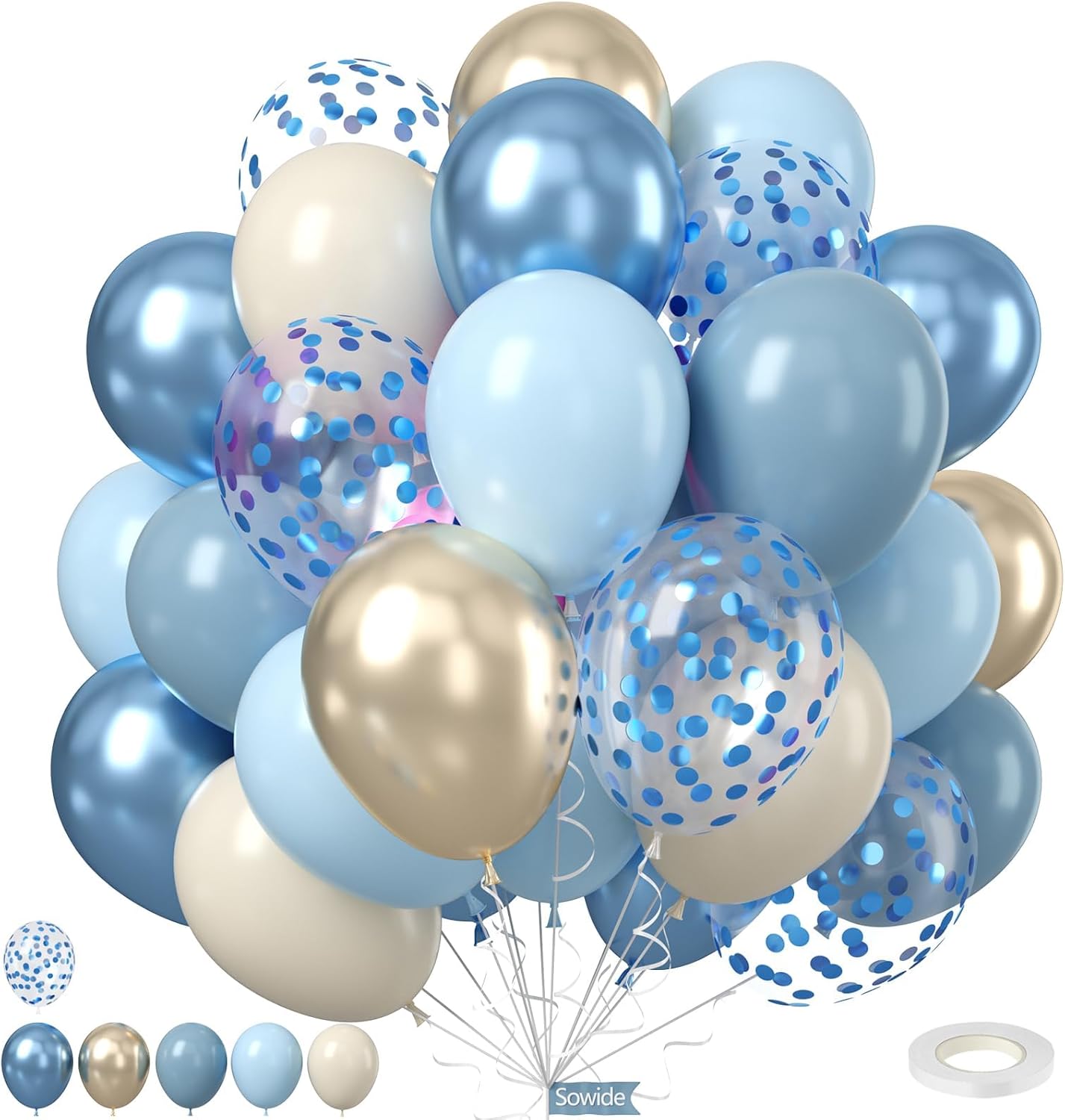 Dusty Baby Blue Balloons, 50Pcs 12 Inches Light Blue White Metallic Gold Confetti Birthday Balloons for Boy Baby Shower Birthday Party Wedding Anniversary Bridal Engagement Graduation Decorations