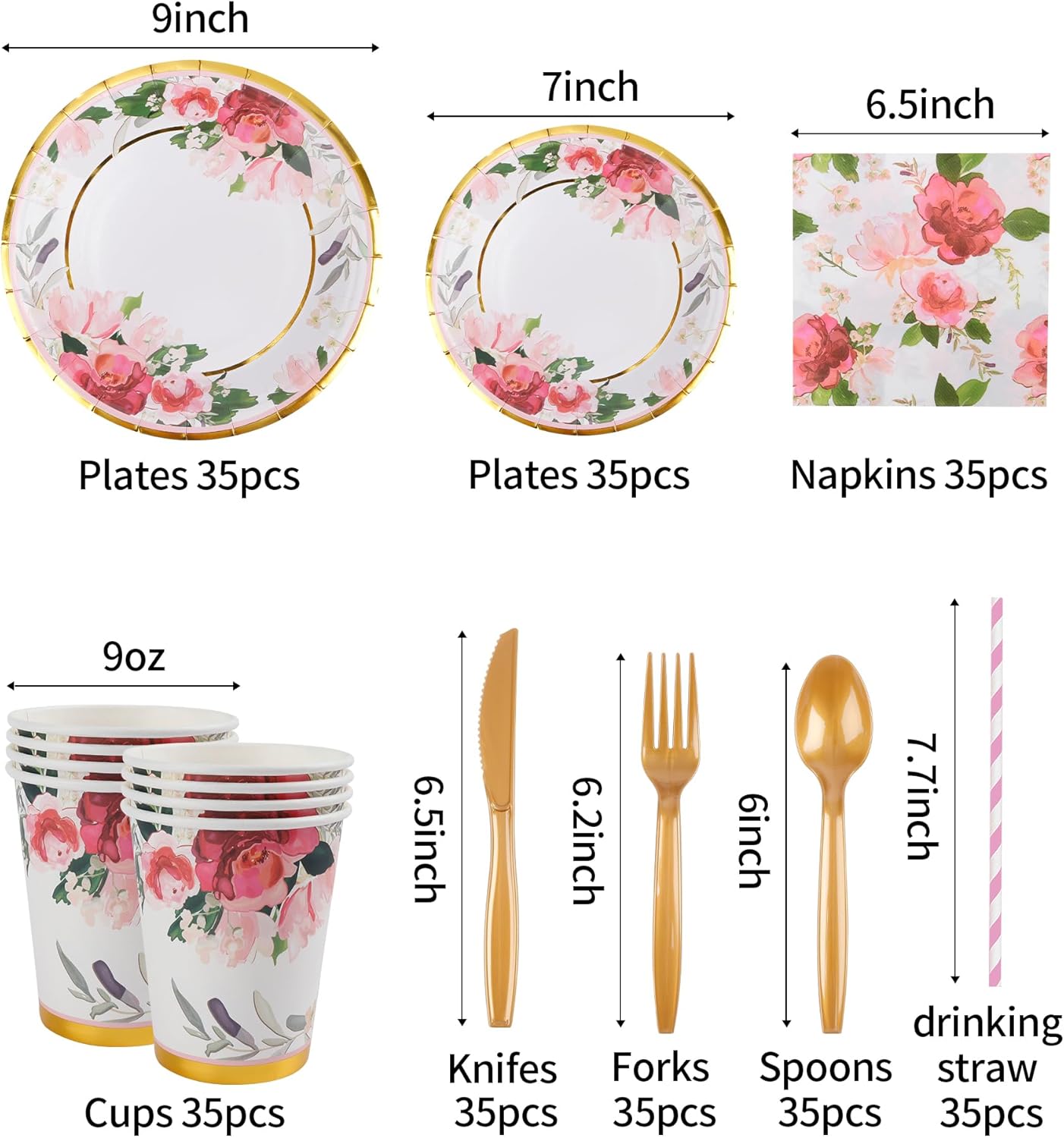 280 Pcs Thanksgiving Floral Paper Plates And Napkins Party Supplies - Bridal Shower Floral Plates,Flower Cups, Forks, Knives And Spoons, Napkins, Straws For Birthdays, Parties And Tea Parties