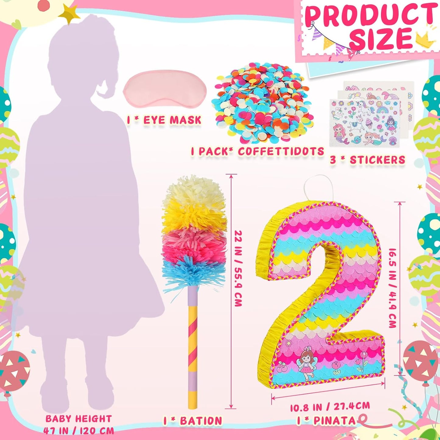 Number 2 Pinata for Birthday Party Decorations, Unicorn Mermaid Theme Pink Piñata Games Toy (2th)