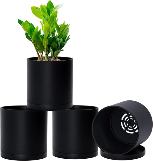 D'vine Dev 4 Pack 5.5 Inch Modern Plastic Plant Pots, Small Garden Planters for Plant with Drainage Holes and Saucers, Black Color, 74-Y-H-2