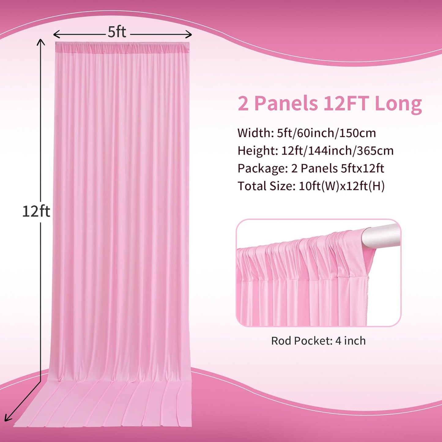 10×12ft Wrinkle Free Pink Backdrop Curtain for Wedding Parties, 2 Panels 5×12ft Long Soft Silky Polyester Backdrop Drapes Baby Pink Photo Back Drop Curtains for Party Photography Background Cloth