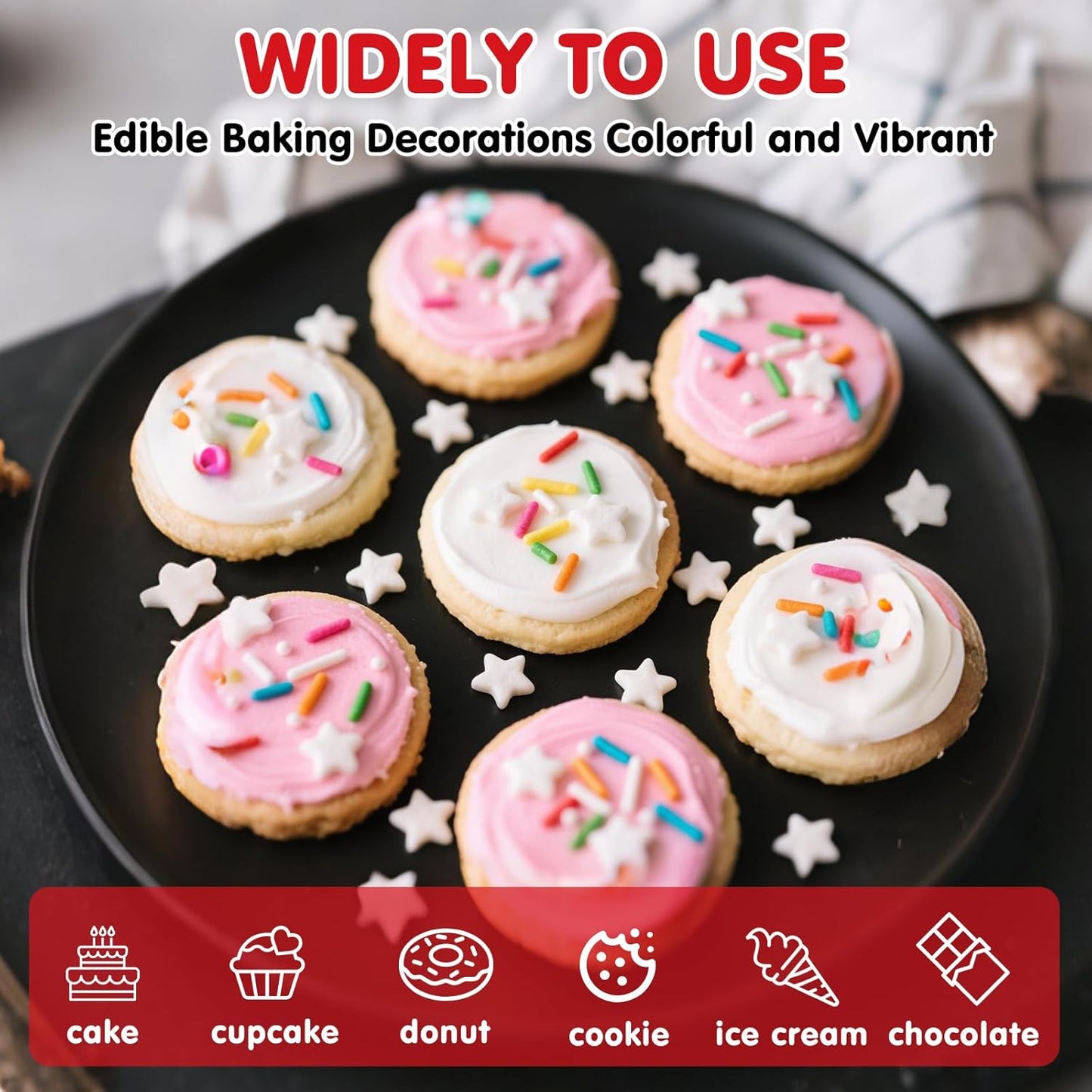 Edible Rainbow Sprinkles for Cake Decorating,White Stars Candy Mix Colored Jimmies,100g/3.53oz,Dessert Decorations,Cupcake,Cookies,Ice Cream Topper,Colorful Pastel Sprinkle for Cake Decorating,Perfect For Birthday Party,Festival Baking Supplies