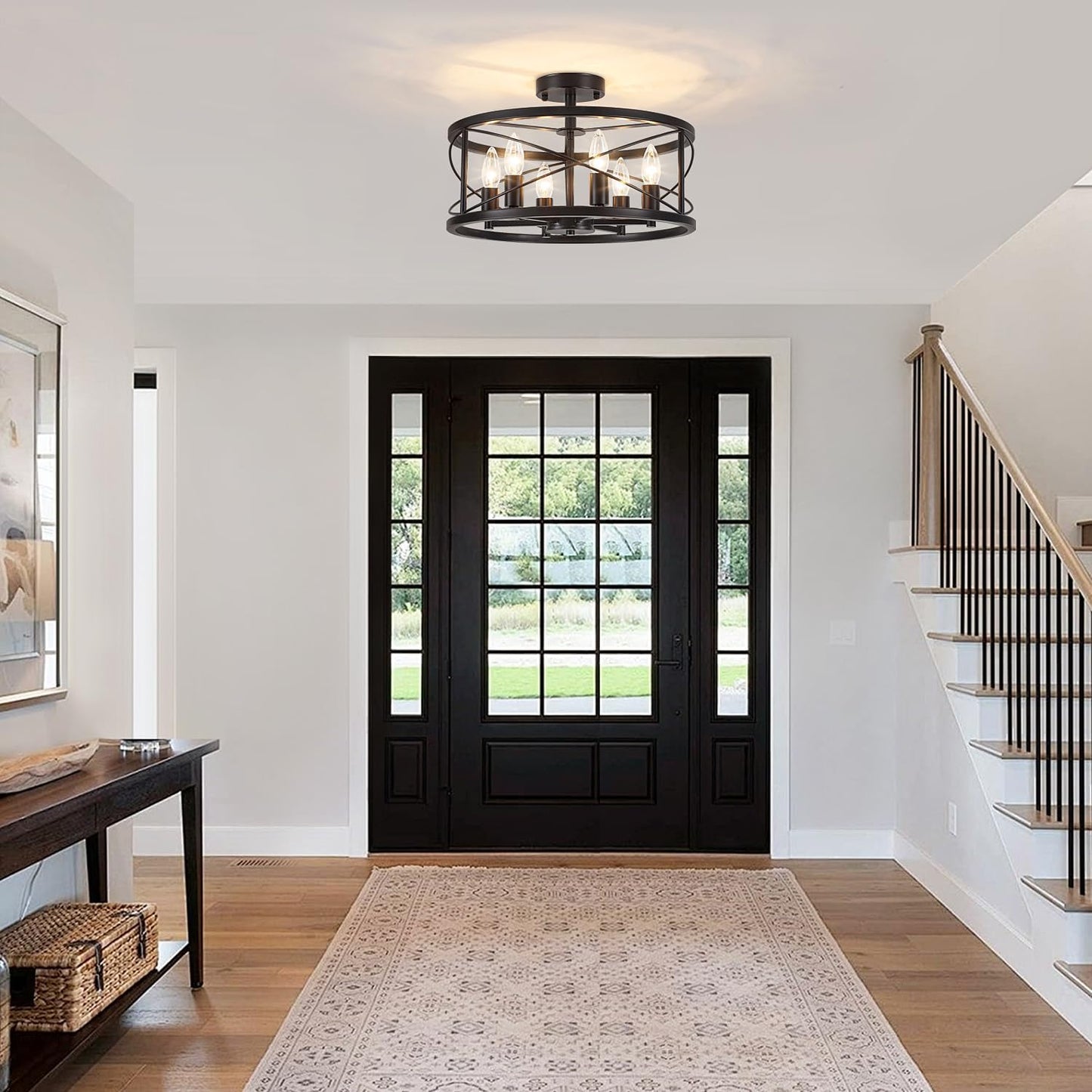 6-Light Black Semi Flush Mount Ceiling Light, 16.54'' Modern Farmhouse Close to Ceiling Light Fixtures, Ceiling Lamp for Hallway Entryway Kitchen Dining Room Living Room Bedroom Lights, UL Listed