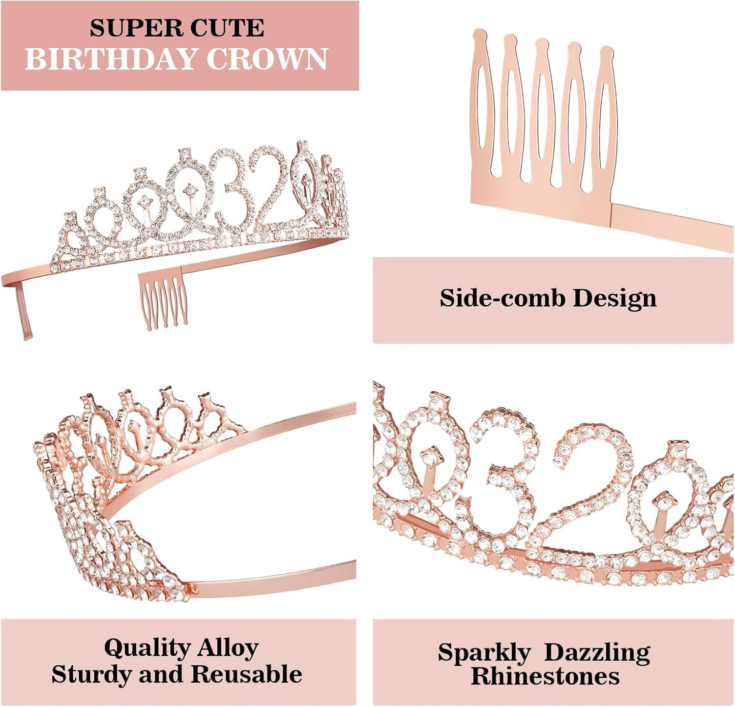 32 Birthday Decorations for Women Including Birthday Sash, Crown/Tiara, Candles and Cake Topper, 32 Year Old Gifts for Women, Rose Gold Party Decor Supplies