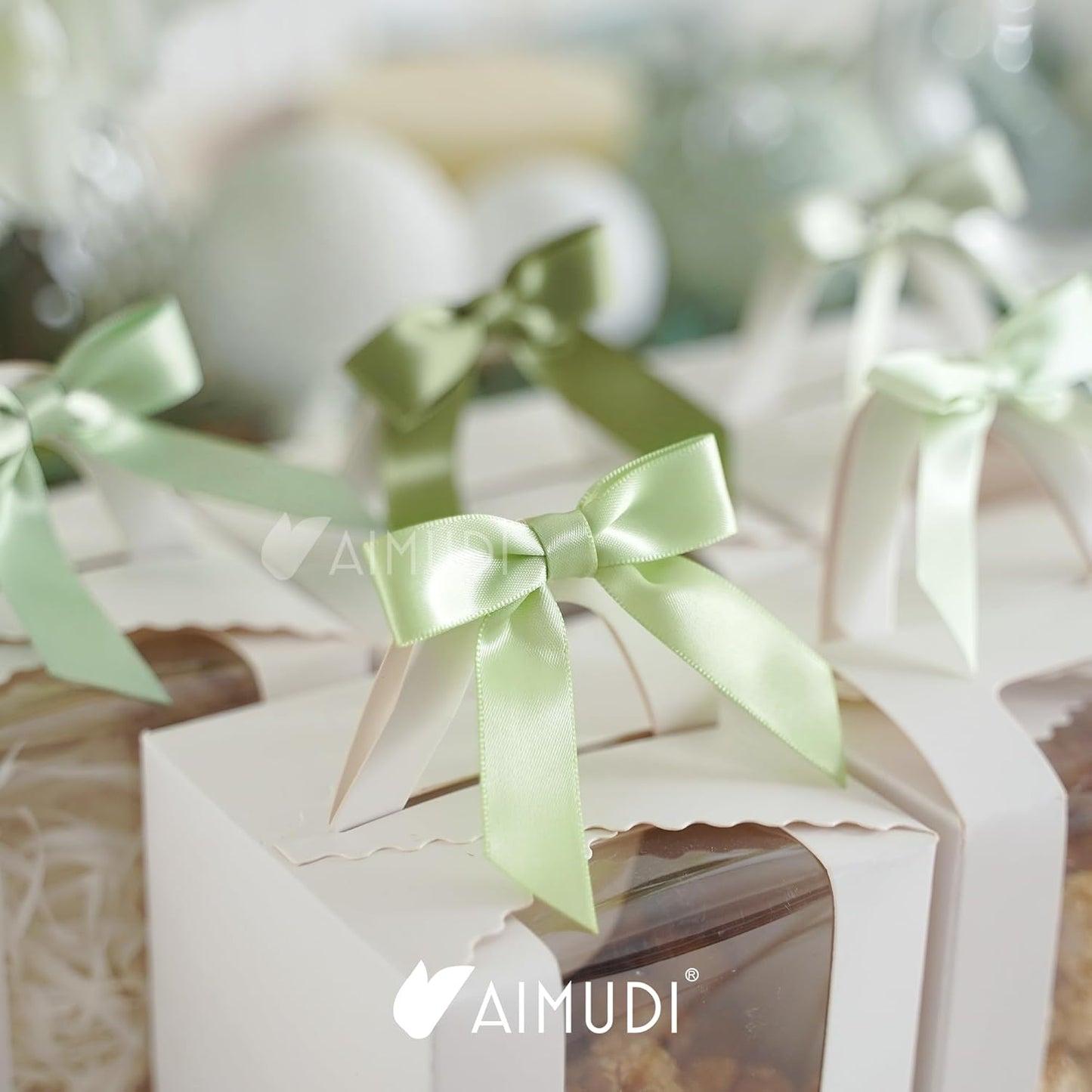 AIMUDI 5 Colors Sage Green Ribbon Bows 2.5" Satin Twist Tie Bows for Gift Wrapping Premade Satin Bow for Making Crafts Treat Bag Baby Shower Birthday Party Wedding Decoration, 50 PCs