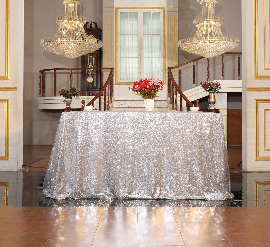 SquarePie Sequin Tablecloth 90 x 132 Inch Silver Sparkly Table Linen for Wedding Party