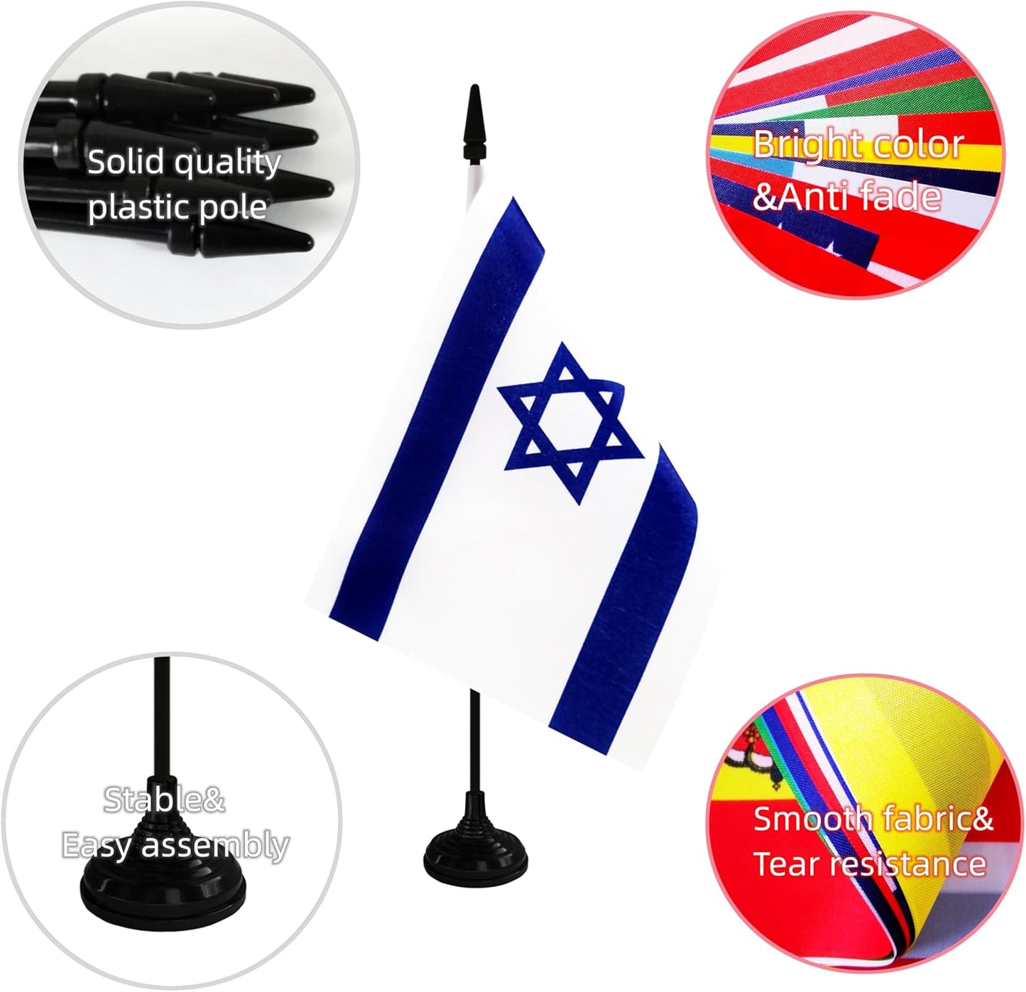 Israel Desk Flag, 12 Pack Israeli Table Office Flag with Black Solid Pole and Stand Base, International Country Flag, Festival Celebration, Classroom Meeting Desktop Decor (Israel)