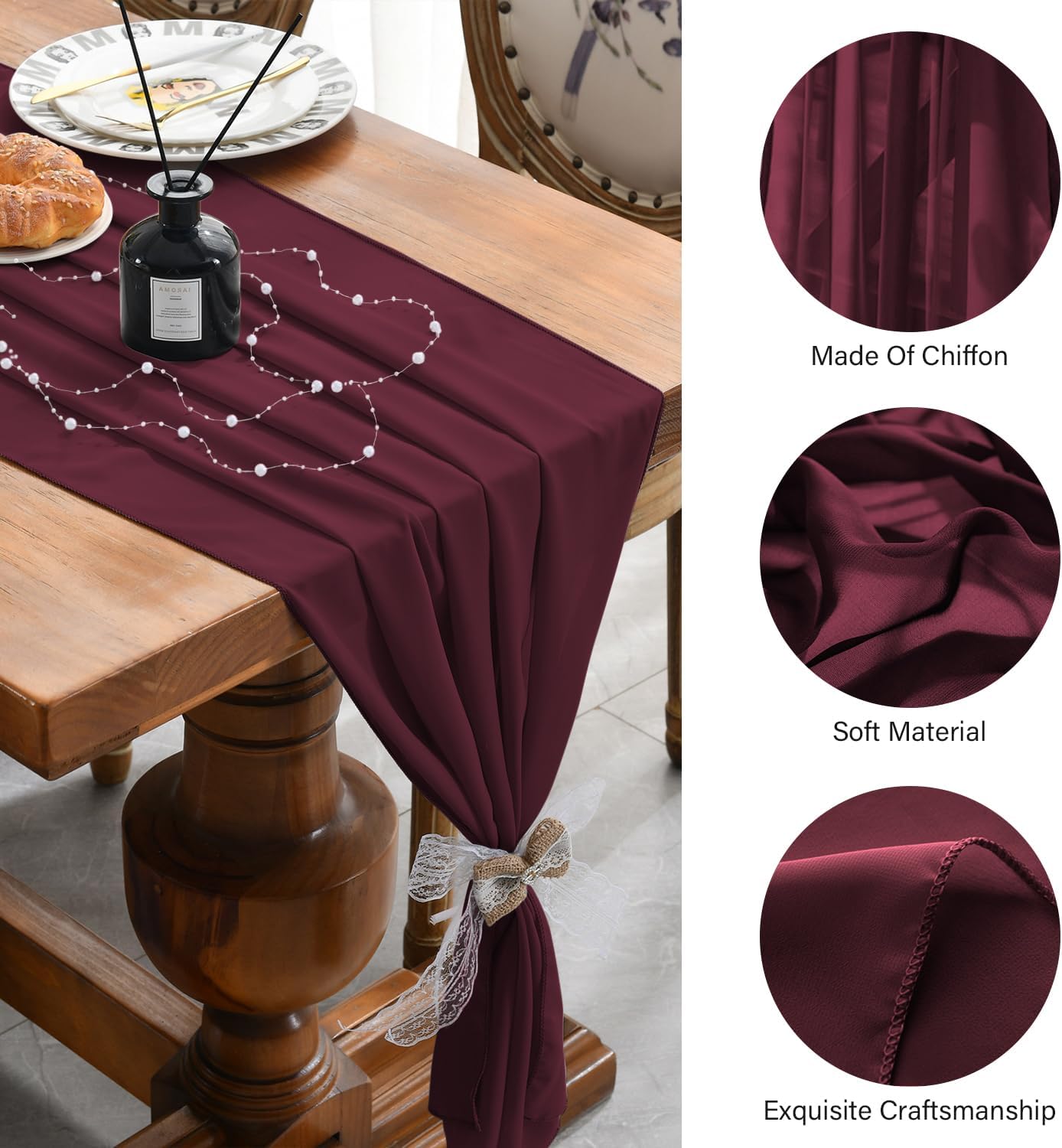 2 Pack 10 Ft Chiffon Table Runner Burgundy Gauze Long Table Runners 27x120 Inches Sheer Tulle Table Runner for Rustic Wedding Reception Bridal Shower Decorations Birthday Party